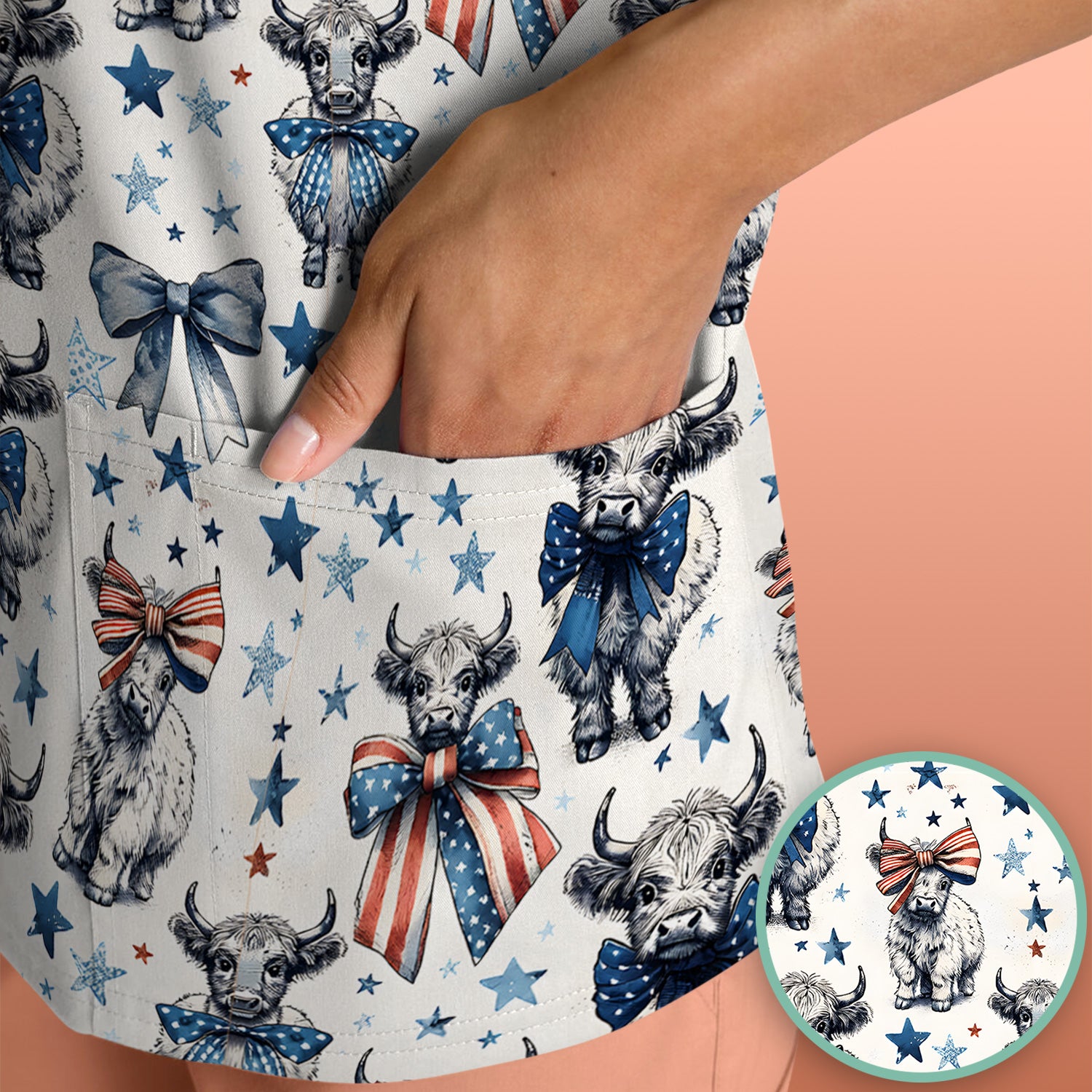 Patriotic Highland Cow Stars Pattern Scrub Top, Comfortable Scrubs for Nurses