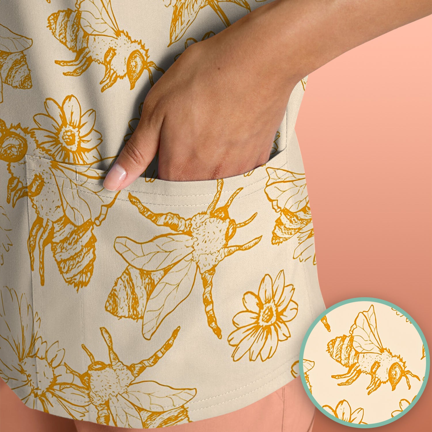 Cute Honey Bee Flower Sketch Pattern Scrub Top, Comfortable Scrubs for Nurses