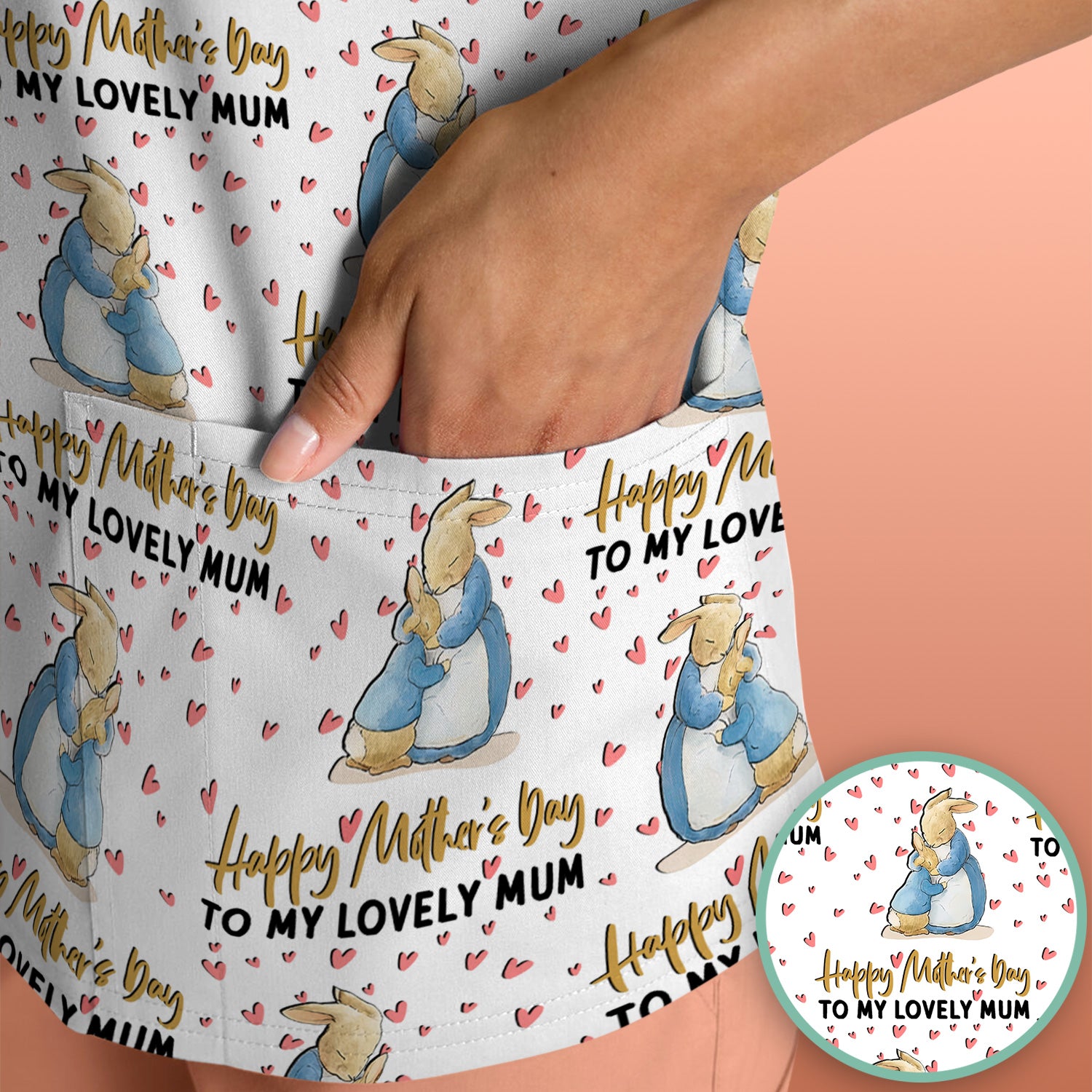 Happy Mothers Day Bunny Love Pattern Scrubs Top, Comfortable Scrubs for Nurses