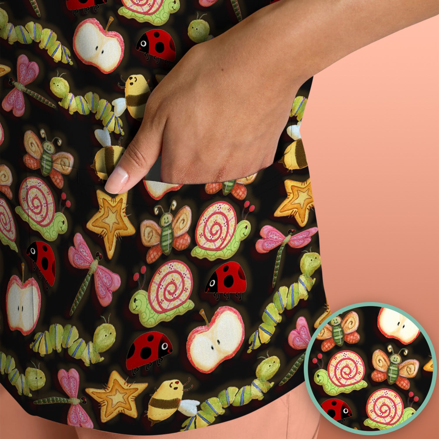 Cute Nurse Snail Ladybug Caterpillar Apple Garden Pattern Scrub Top, Breathable Fabrics Nursing Uniform