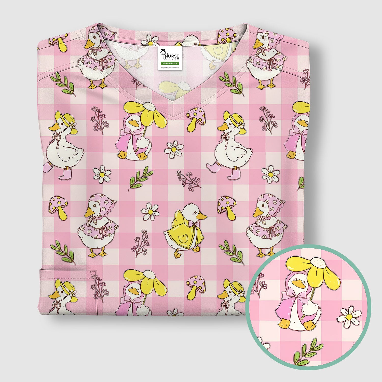 Cute Duck Outfit Gingham Pattern Scrub Top, Comfortable Scrubs for Nurses