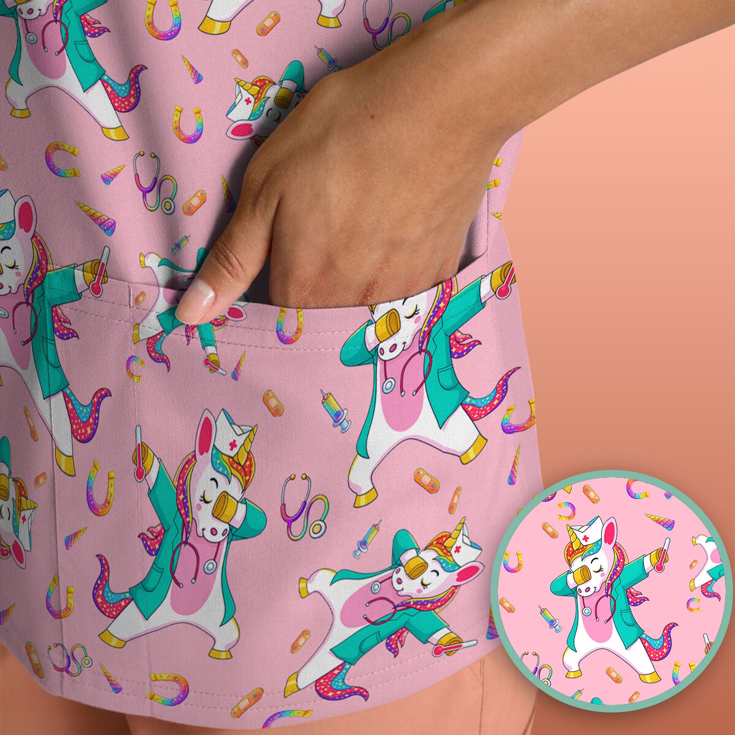 Cute Unicorn Nurse Dance Pattern Scrub Top, Breathable Fabrics Nursing Uniform