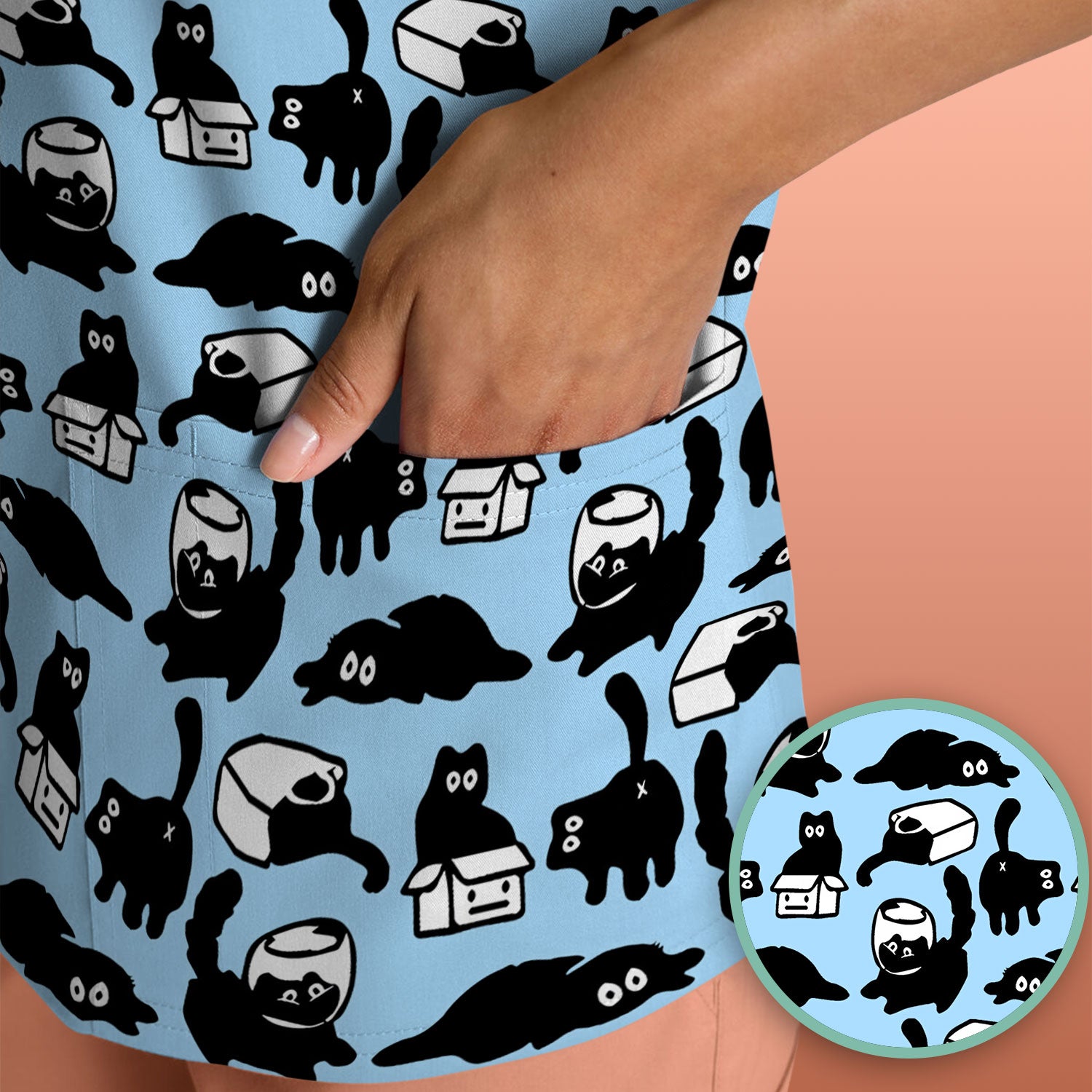 Dark Playful Cat Cartoon Pattern Scrub Top, Comfortable Scrubs for Nurses