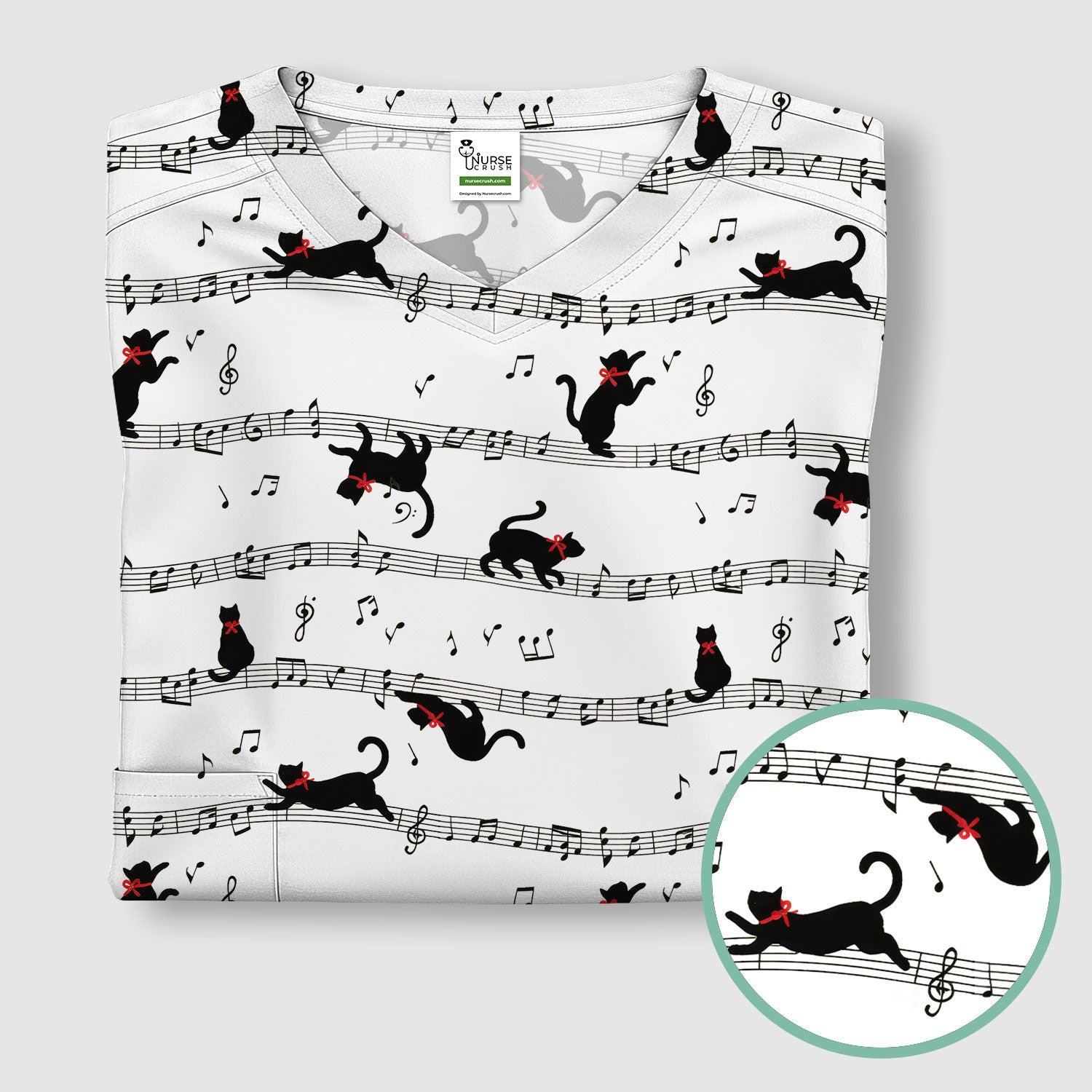 Cute Dancing Black Cat Music Staff Pattern Scrub Top, Comfortable Scrubs for Nurses