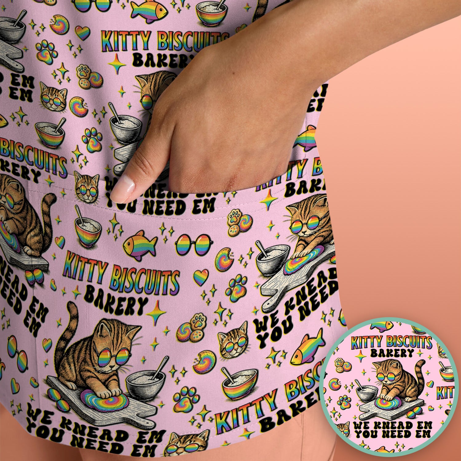 Pride Nurse Cat Baking Rainbow Dough Pattern Scrub Top, Breathable Fabrics Nursing Uniform