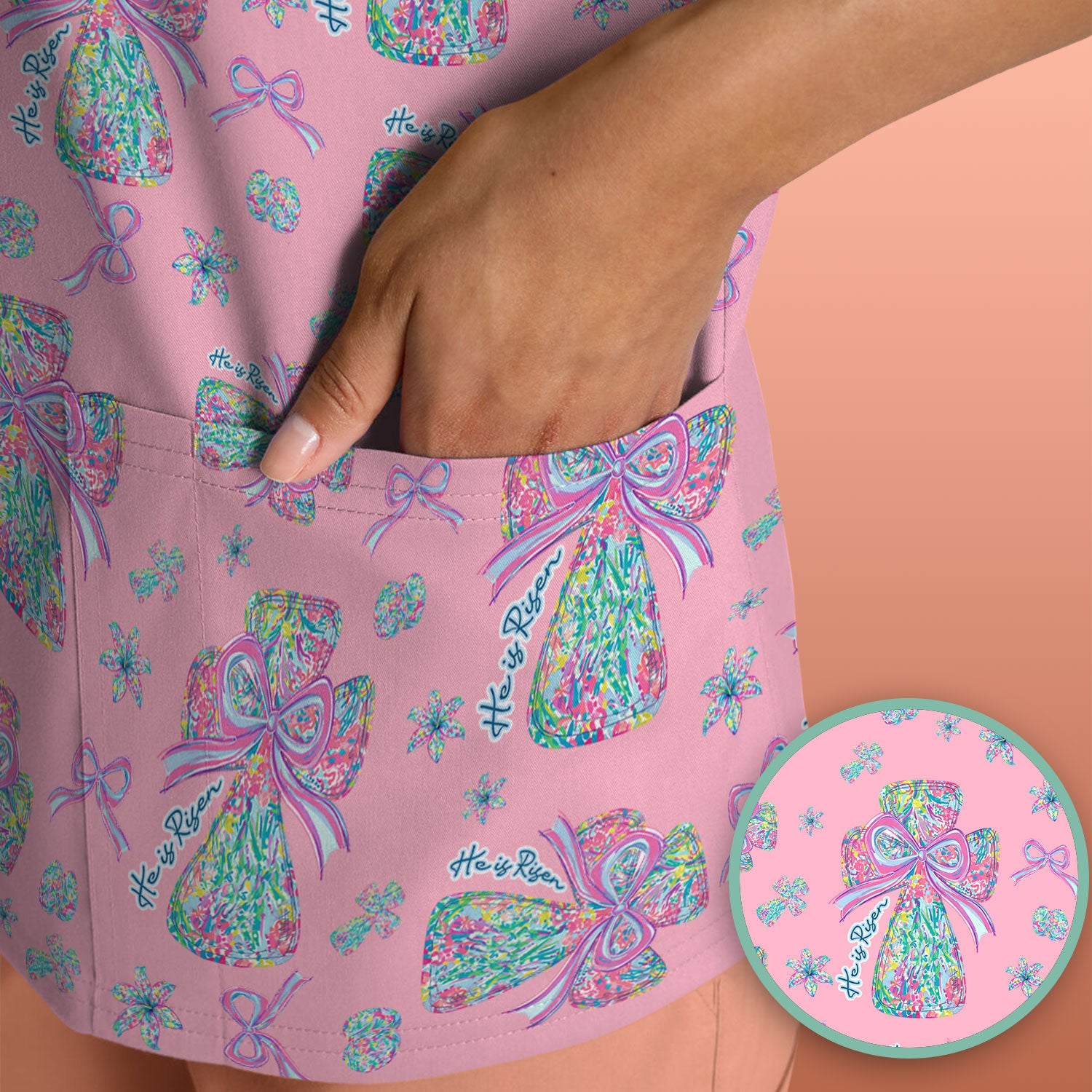 Colorful Bow Pattern Scrub Top, Breathable Fabrics Nursing Uniform