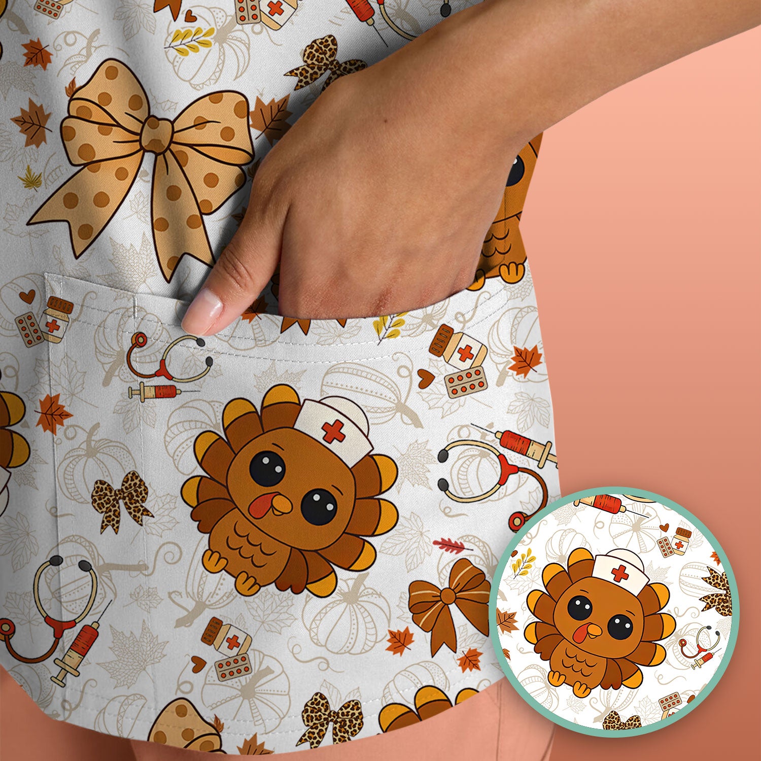Thanksgiving Turkey Nurse Scrub Top for Women - Cute Fall Leaves and Bow Shirt - Autumn Medical Shirt Gift for RN CNA LPN Doctor