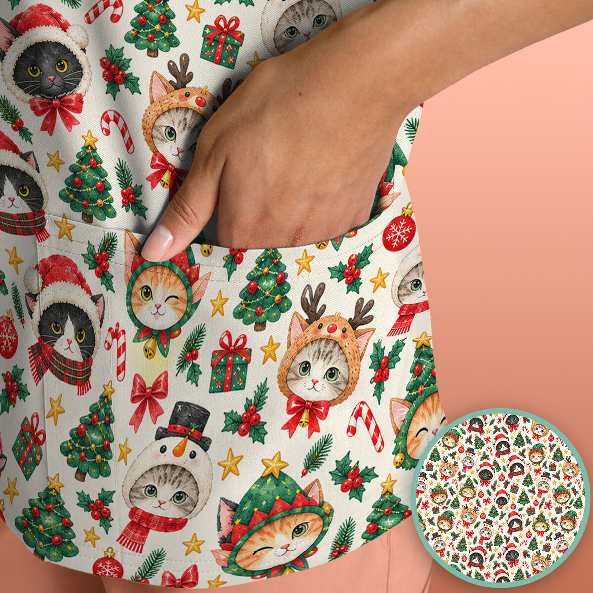 Christmas Cats And Trees Pattern Scrub Top, Comfortable Scrubs for Nurses
