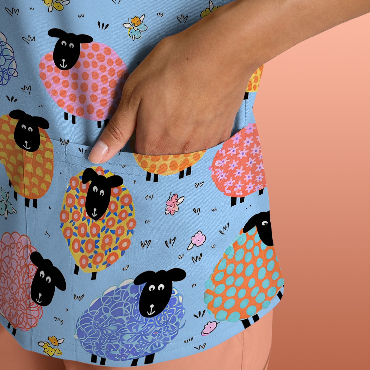 Funny Colorful Sheep Pattern Scrub Top, Comfortable Scrubs for Nurses