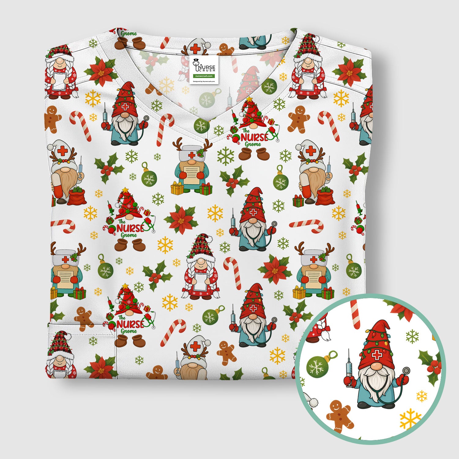 Christmas Gnome Nurse Scrub Top - Cute Holiday Santa Reindeer Print Scrubs - Funny Xmas Medical Scrub Shirt Gift for Women, CNA, RN, Doctor