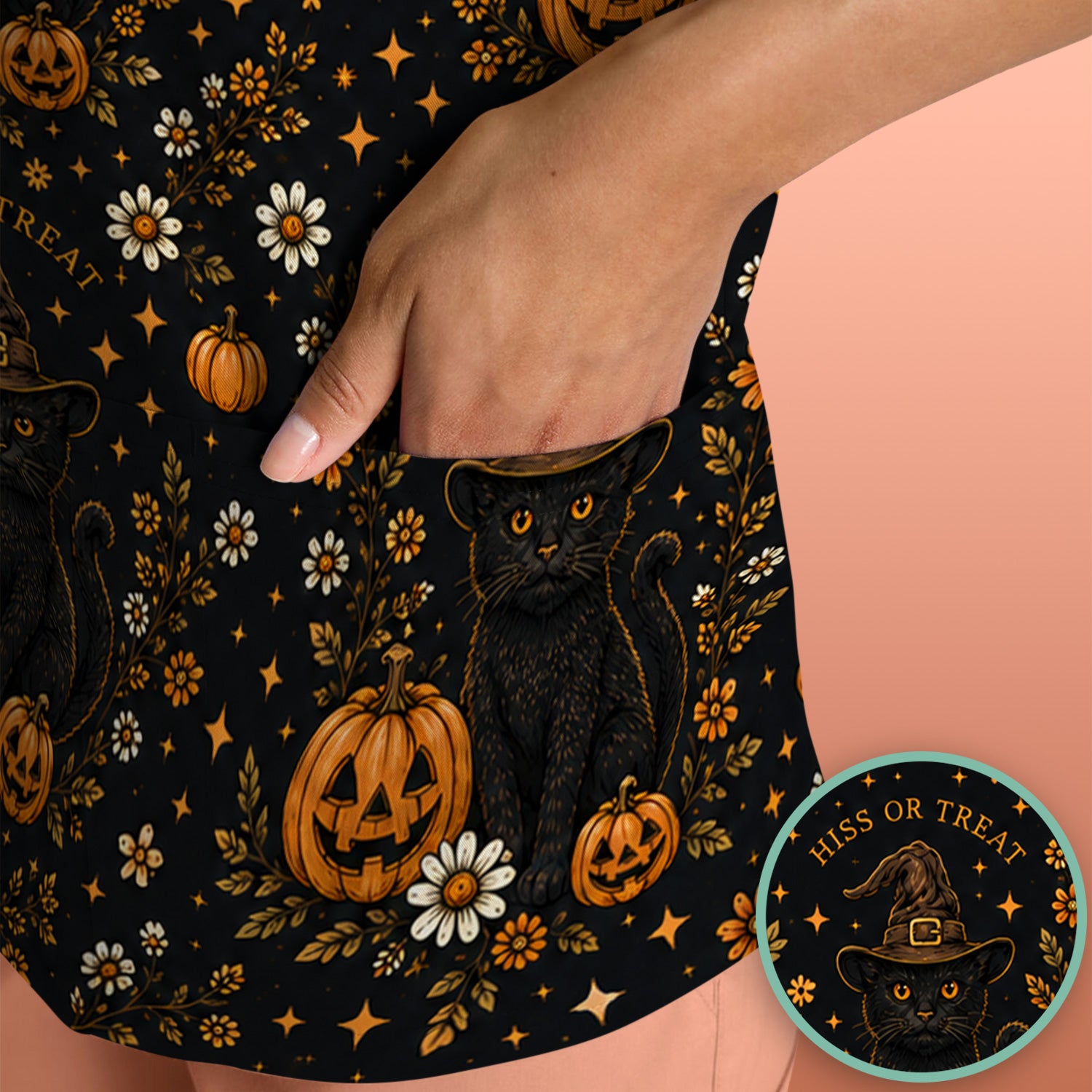 Halloween Black Cat Pumpkin Floral Scrub Top, Comfortable Scrubs for Nurses