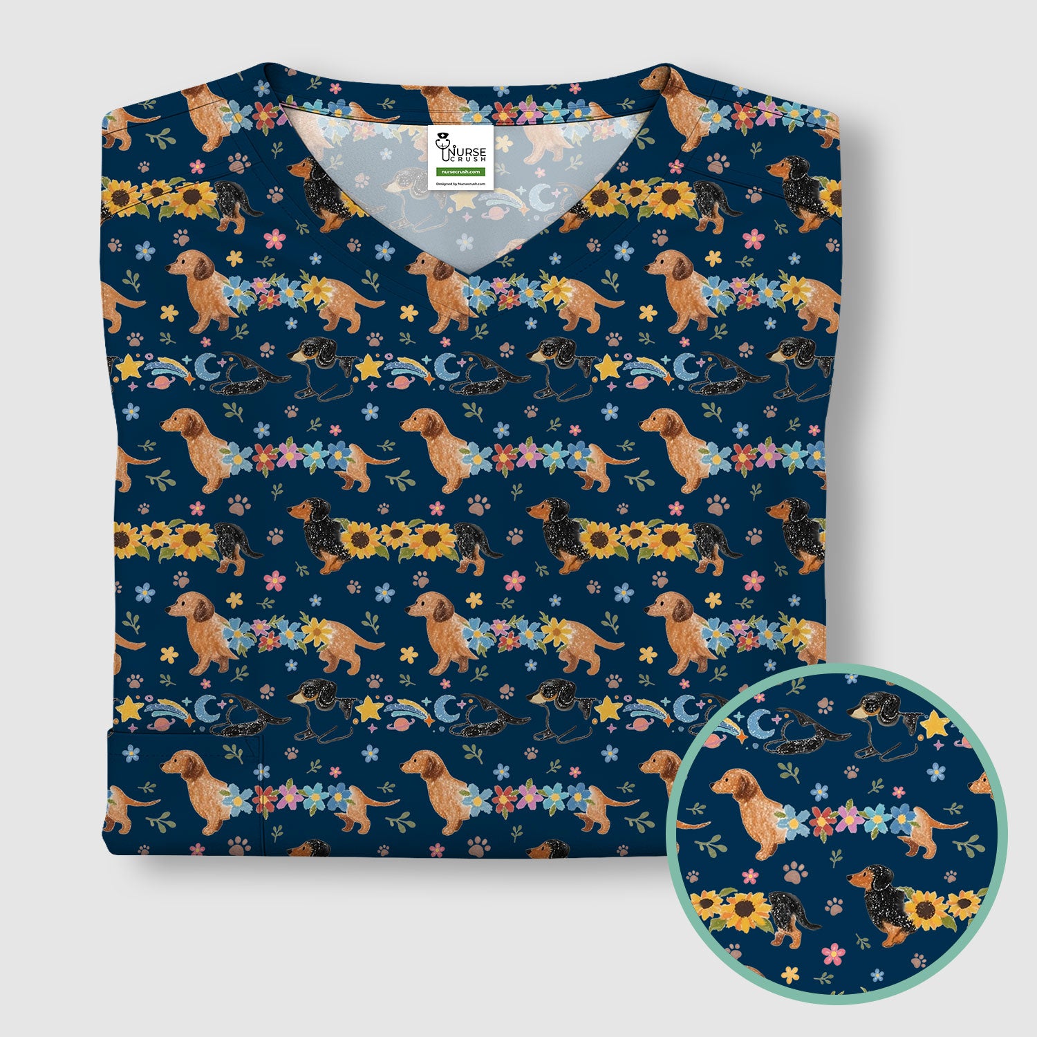 Floral Wiener Dog Pattern Scrub Top, Medical Scrubs for Nurses