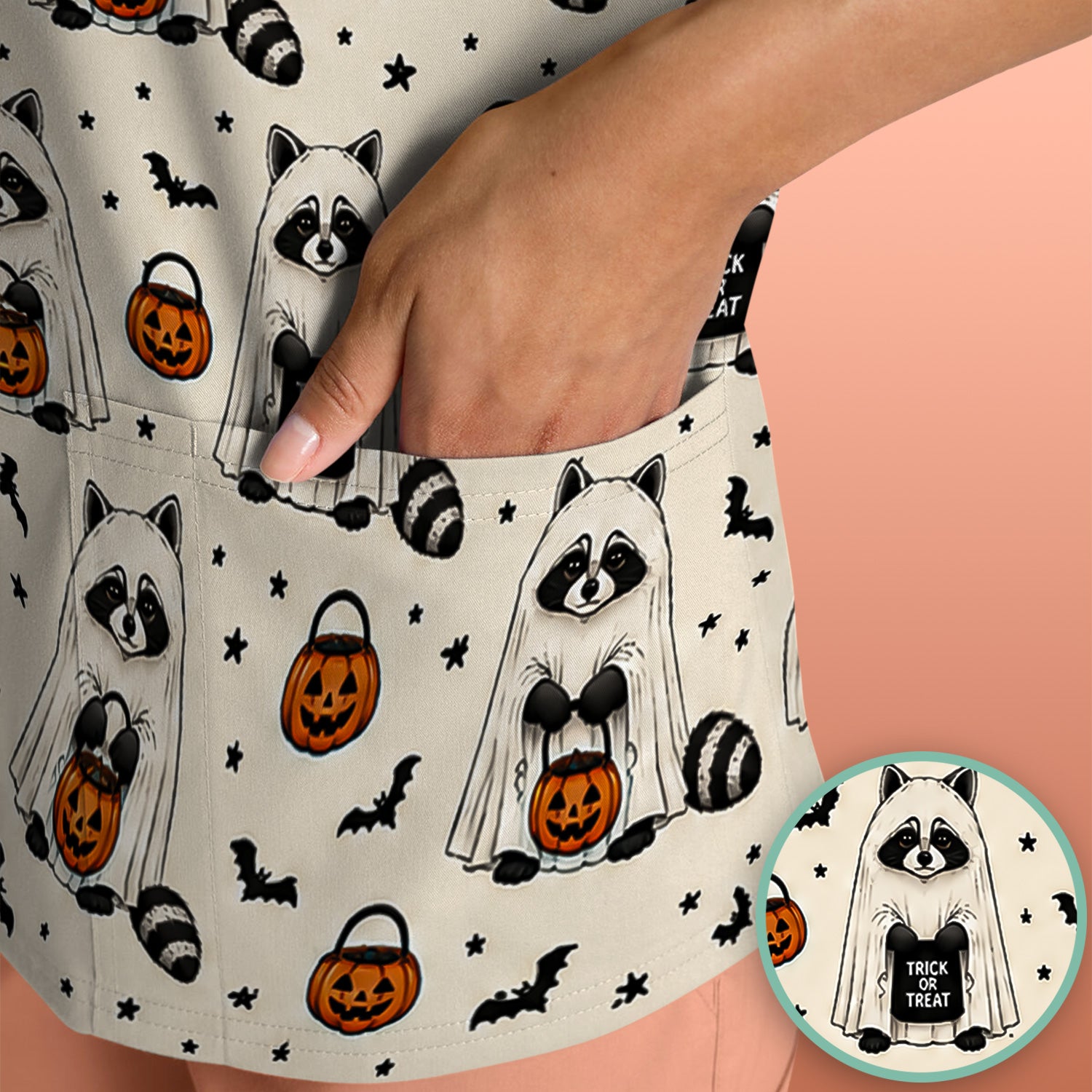 Cute Halloween Ghost Raccoon Scrub Top, Comfortable Scrubs for Nurses