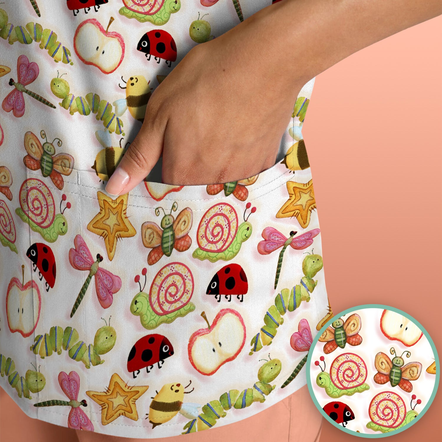 Cute Nurse Snail Ladybug Caterpillar Apple Garden Pattern Scrub Top, Breathable Fabrics Nursing Uniform