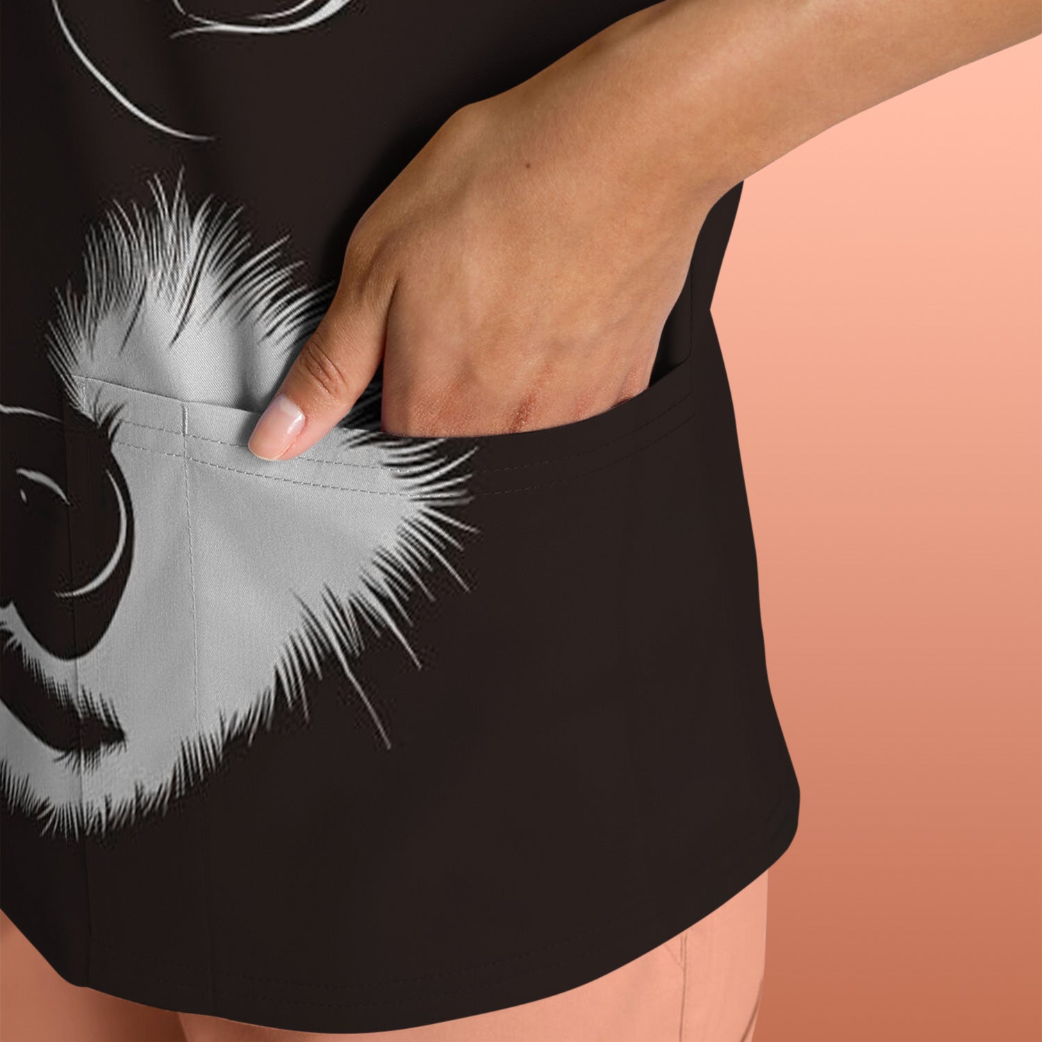 Black White Raccoon Face Pattern Scrub Top, Comfortable Scrubs for Nurses