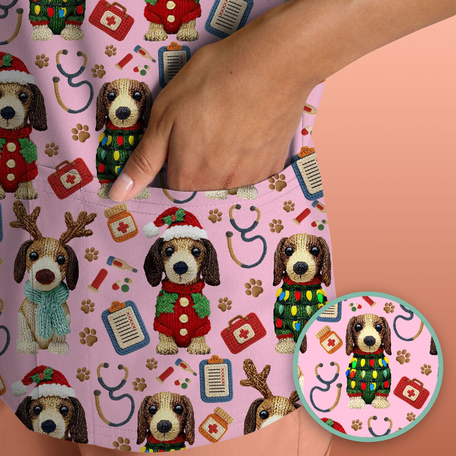 Christmas Doxie Scrubs for Women - Cute Dachshund Christmas Scrub Top for Nurses - Funny Medical Uniform Gift