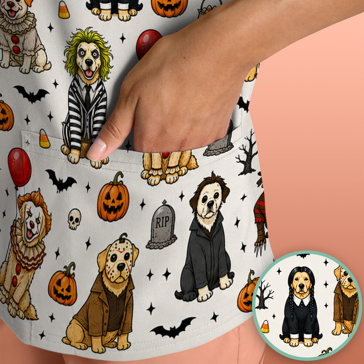 Funny Halloween Dog Pattern Scrub Top, Comfortable Scrubs for Nurses