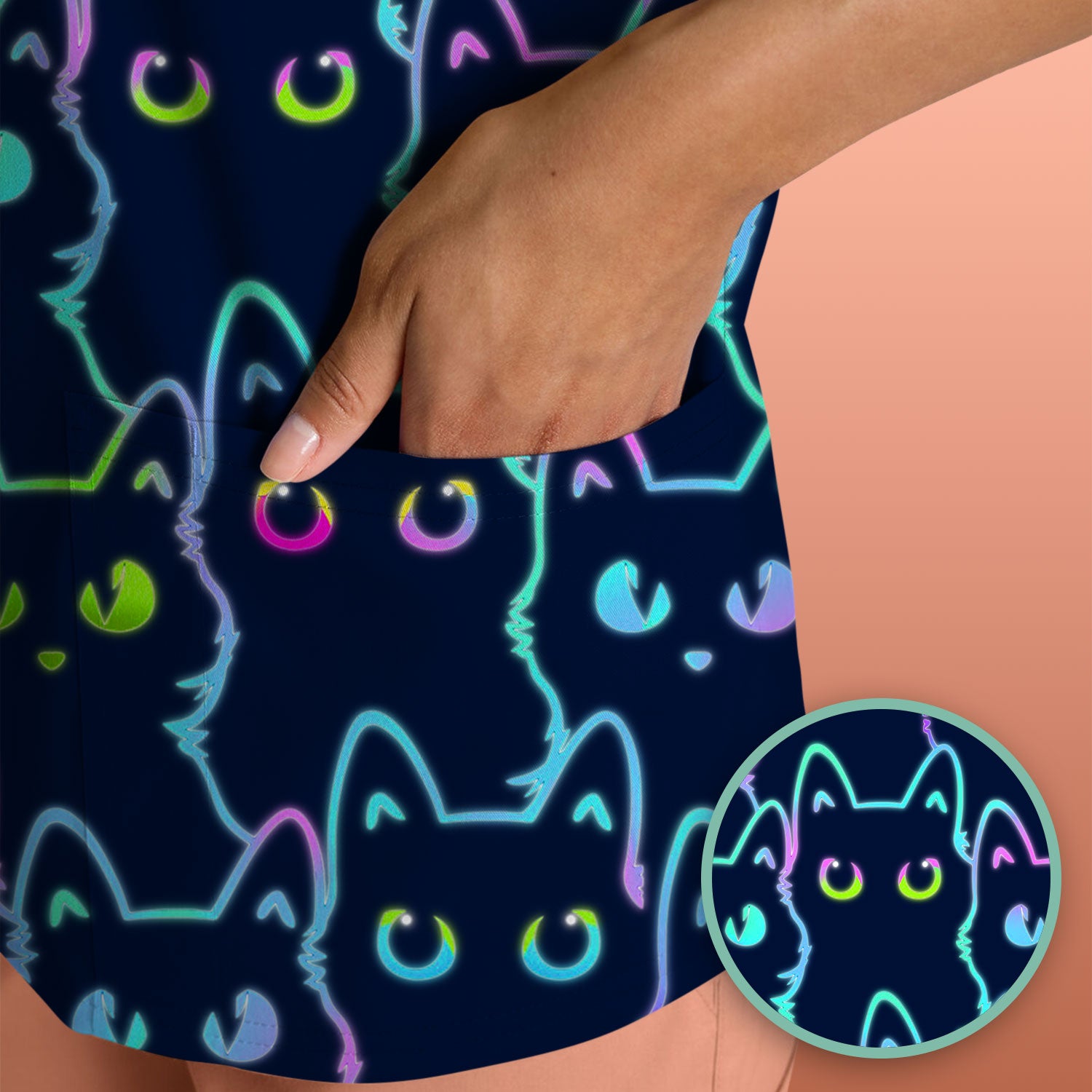 Neon Cat Pattern Scrub Top, Black Cat Scrub Shirt, Breathable Fabrics Nursing Uniform