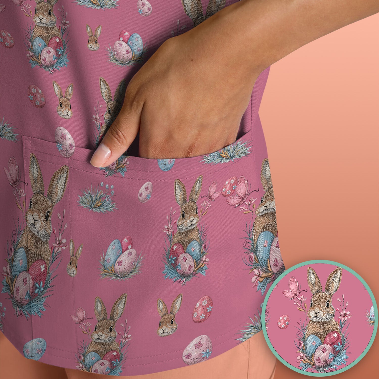 Pastel Easter Bunny Nest Pattern Scrub Top, Comfortable Scrubs for Nurses