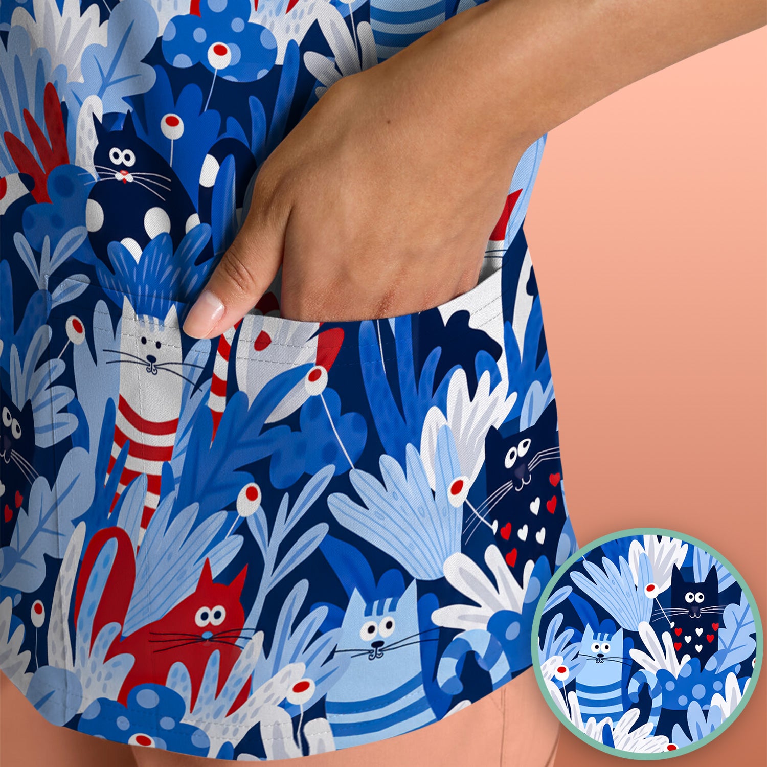 Cute Cats Among Blue Foliage Pattern Scrub Top, Comfortable Scrubs for Nurses