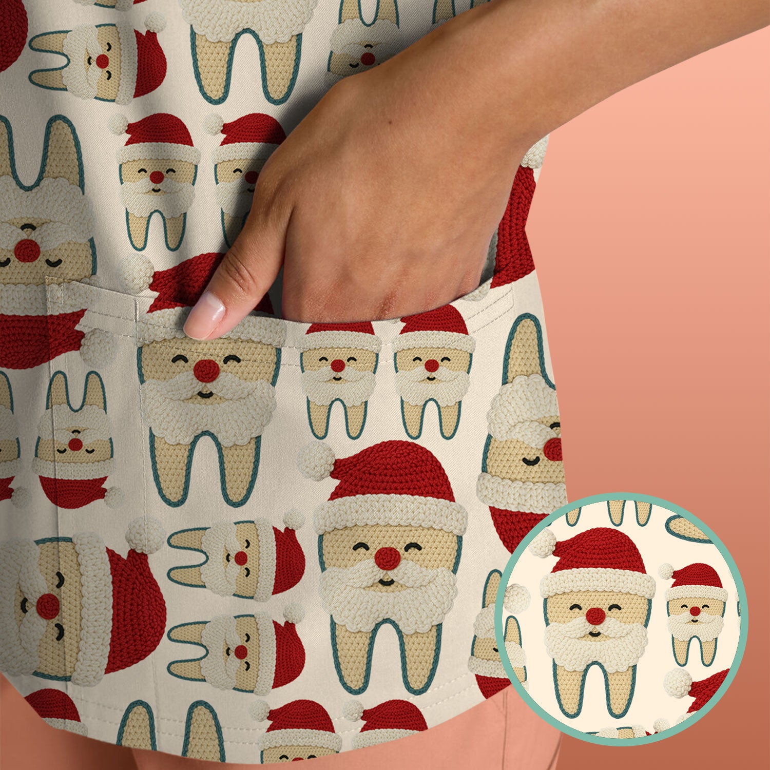Christmas Tooth Scrub Top - Cute Santa Tooth Pattern for Dentists & Hygienists - Crochet Style Holiday Medical Uniform for Women
