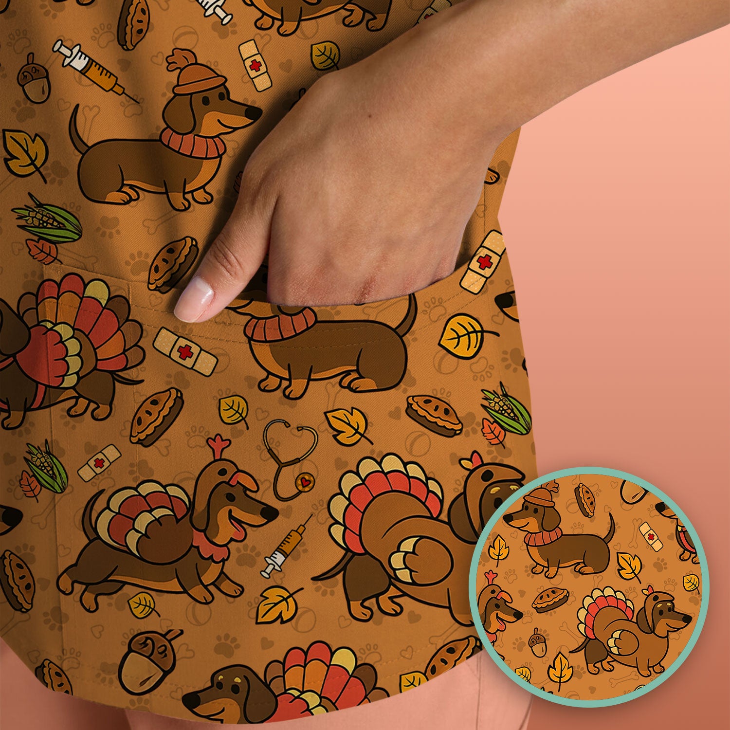 Thanksgiving Dachshund Scrubs Top - Cute Dog Turkey Medical Uniform Shirt for Nurses - Funny Holiday Gift