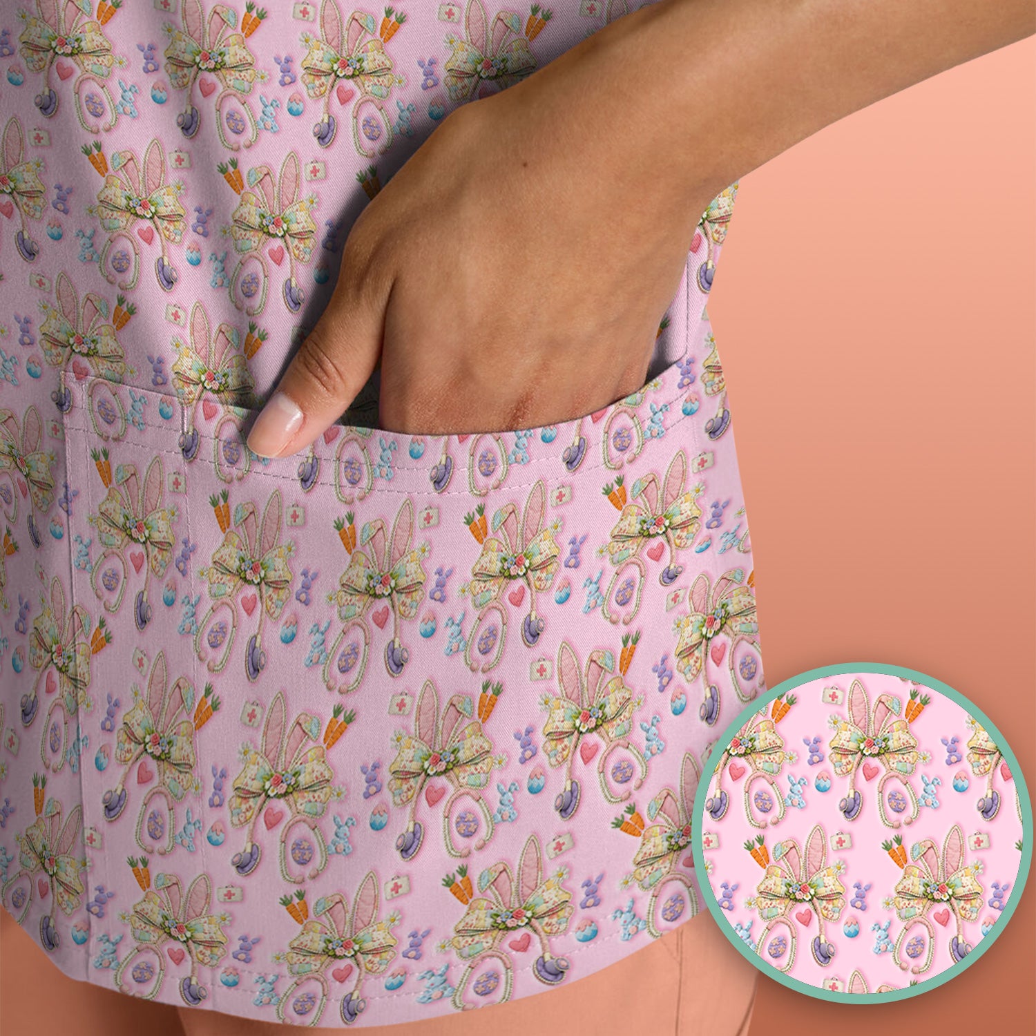 Easter Bunny Stethoscope Pastel Print Scrub Top, Comfortable Scrubs for Nurses