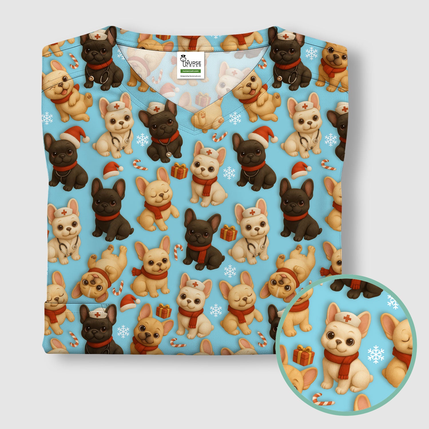 Christmas Dog Scrubs for Women - Cute French Bulldog Pattern Medical Scrub Top - Festive Holiday Nurse Scrubs with Adorable Puppy Design