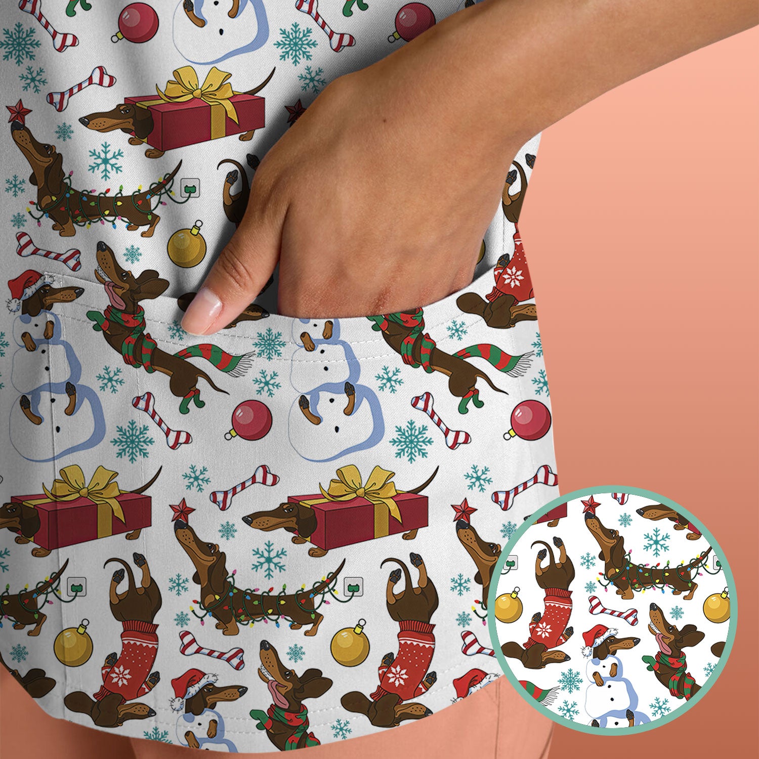 Funny Christmas Nurse Scrubs - Dachshund Dog & Snowman Print Top - Multi Color Custom Nursing Shirt Gift for Healthcare Workers