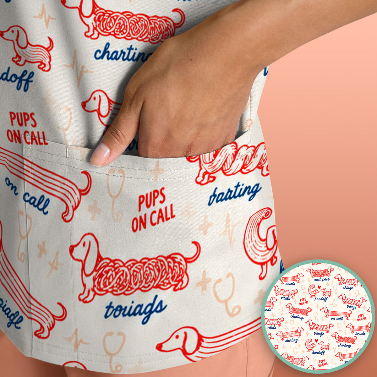 Cute Pups On Call Dachshund Pattern Scrub Top, Comfortable Scrubs for Nurses