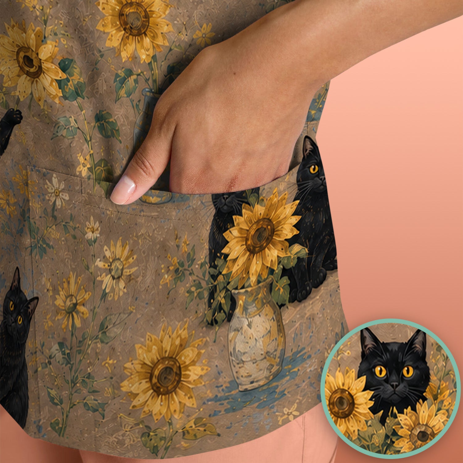 Rustic Sunflower Black Cat Print Scrub Top, Comfortable Scrubs for Nurses