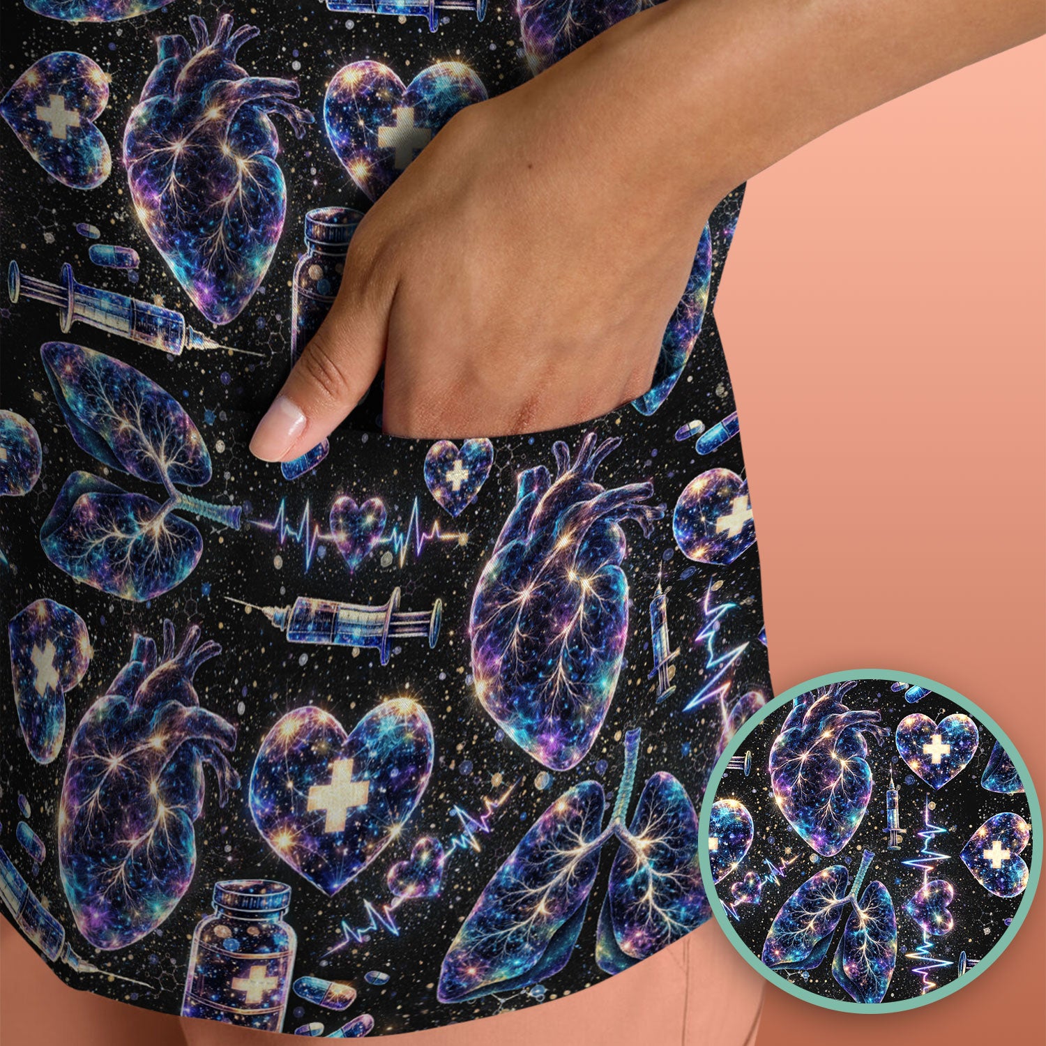 Galaxy Anatomical Heart Lung Syringe Print Scrub Top, Breathable Fabrics Nursing Uniform