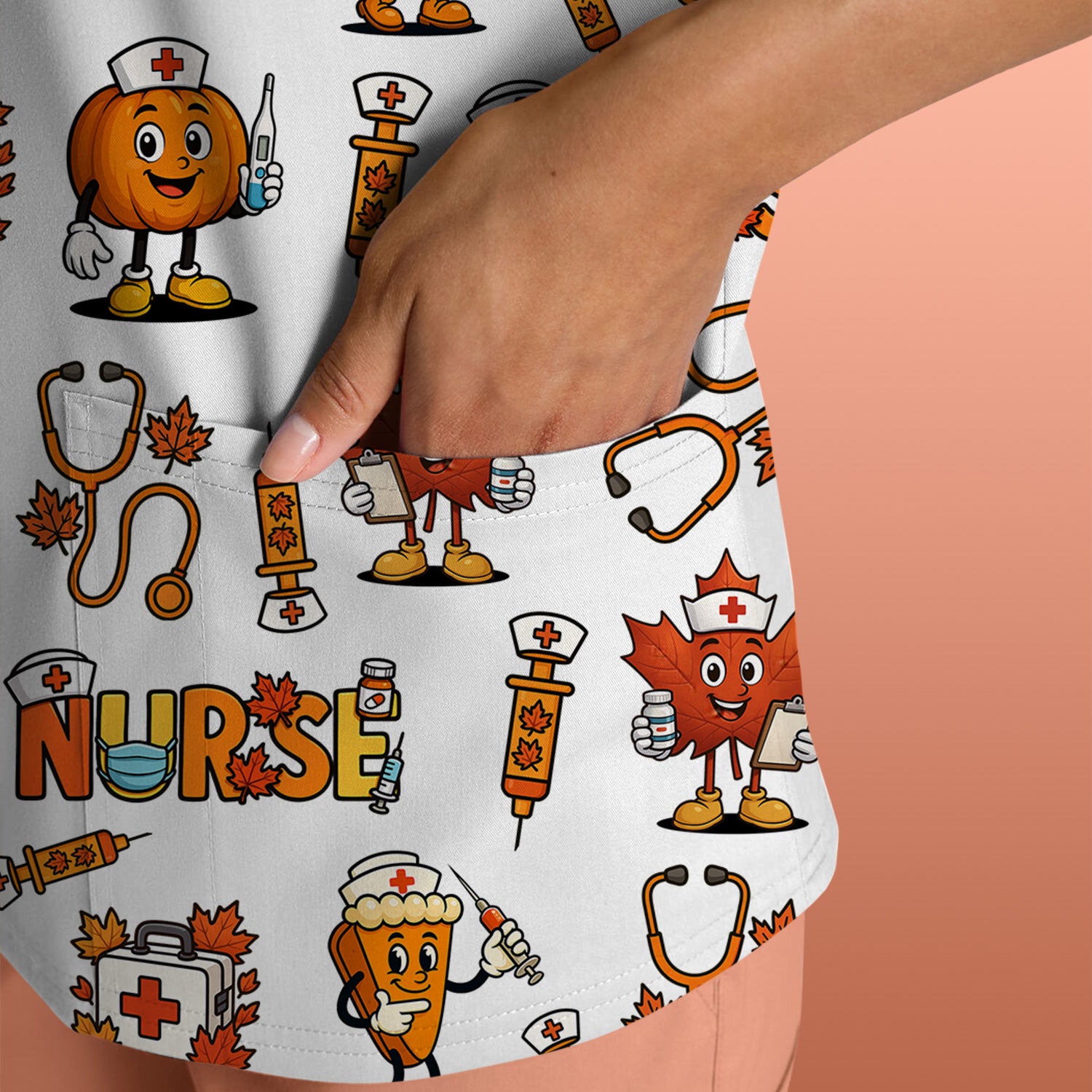 Pumpkin Nurse Scrubs Top for Women - Cute Halloween Nursing Shirt - Funny Fall Scrub Top for Nurses and Medical Workers