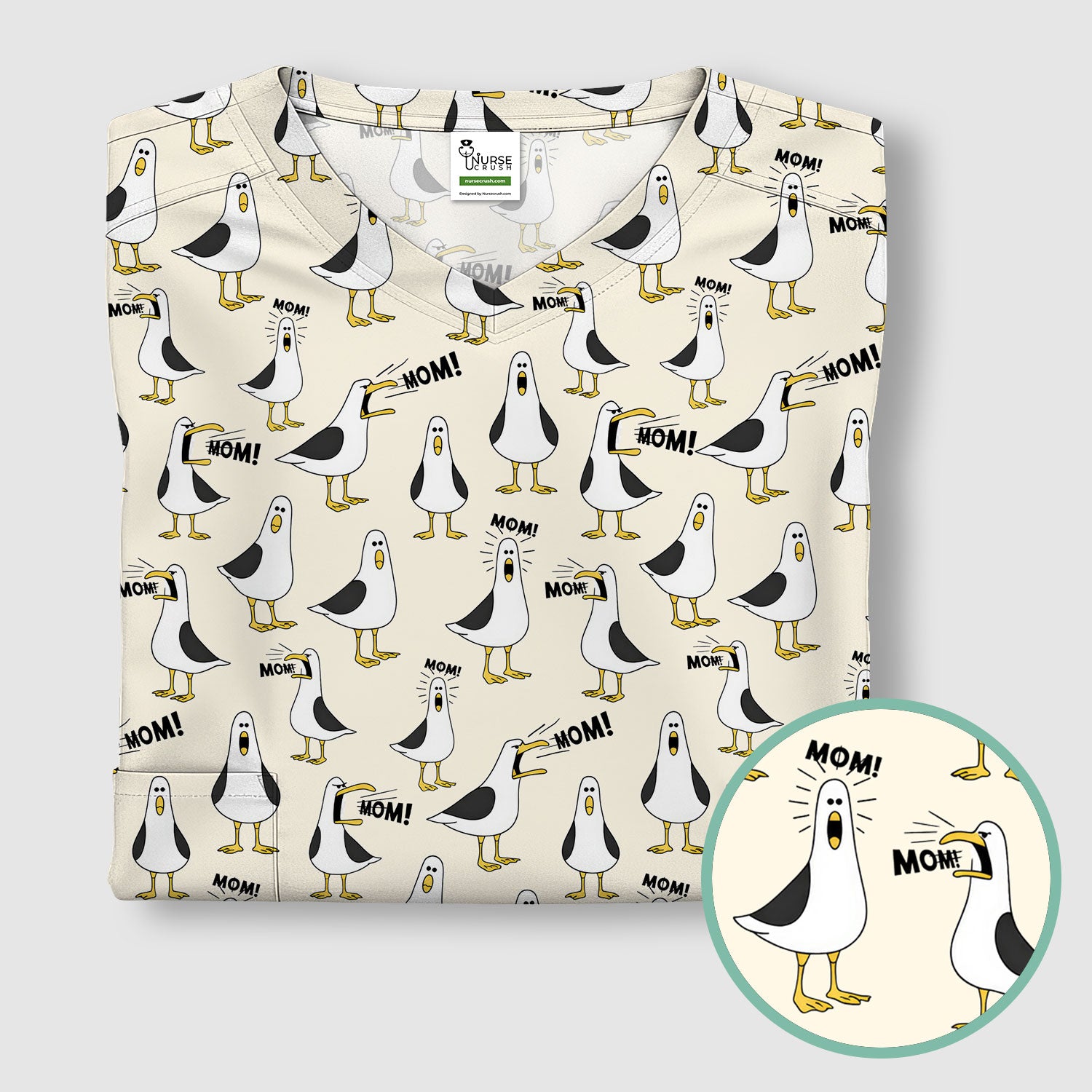 Funny Seagull Mom Seamless Pattern Scrub Top, Comfortable Scrubs for Nurses