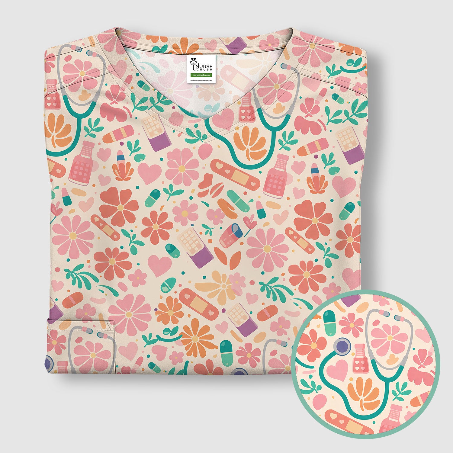 Cute Medical Floral Pattern Scrub Top, Comfortable Scrubs For Nurses