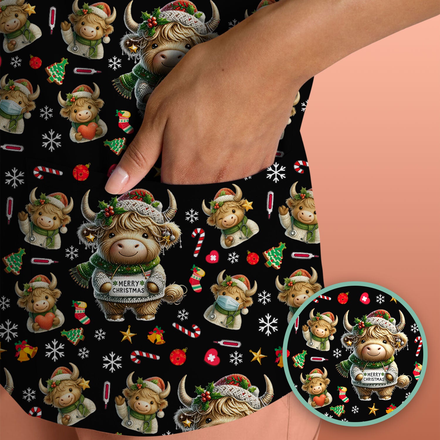 Highland Cow Christmas Scrub Top, Festive Cow Nurse Shirt With Holiday Pattern, Cute Medical Uniform For Women
