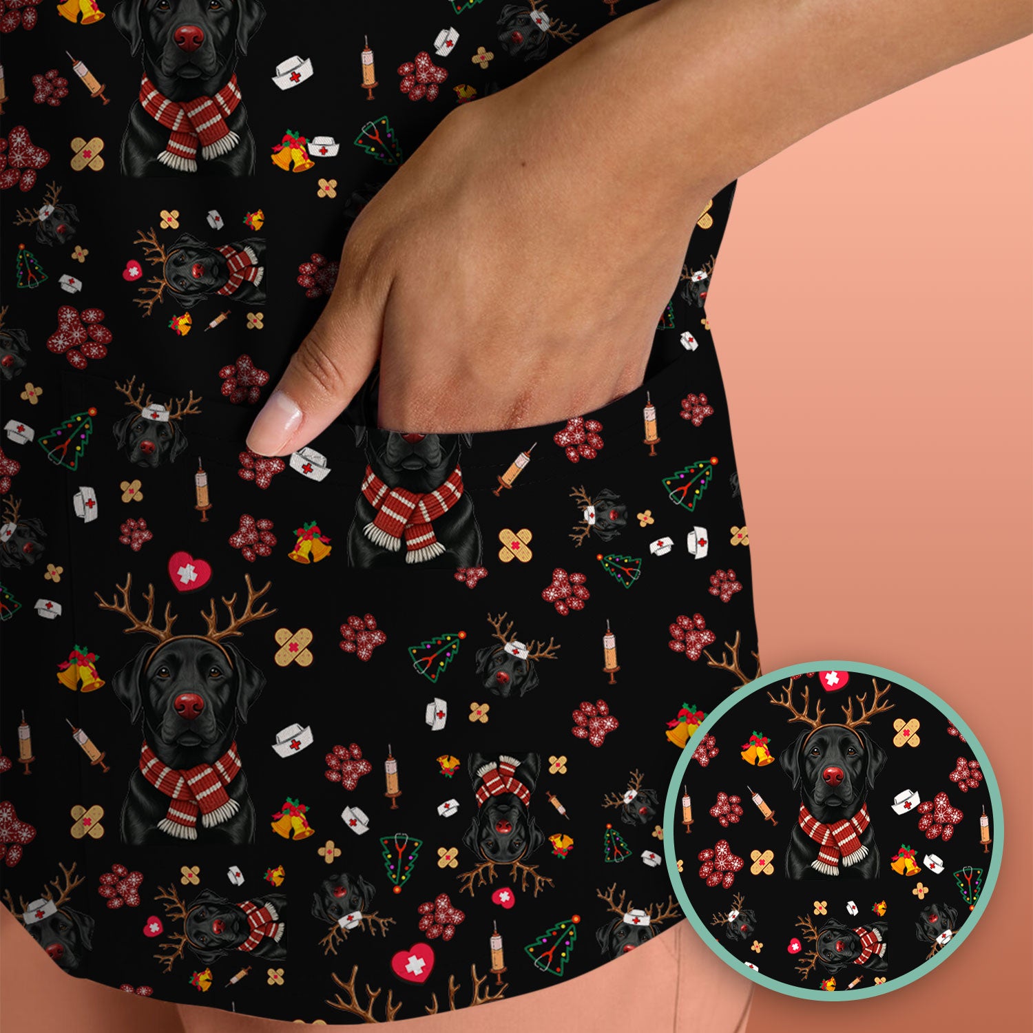 Funny Black Lab Reindeer Scrub Top - Christmas Dog Nurse Shirt - Cute Holiday Medical Uniform Gift for RN LPN CNA