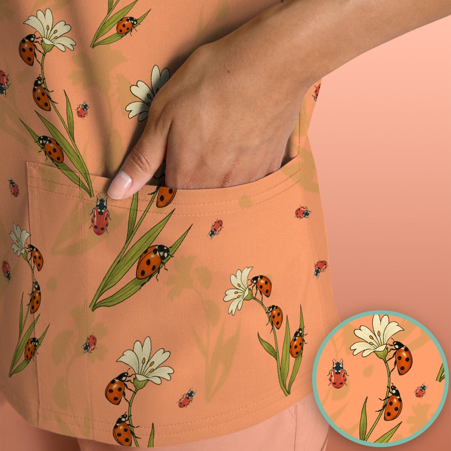 Fresh Daisy Ladybug Garden Pattern Scrub Top, Comfortable Scrubs For Nurses