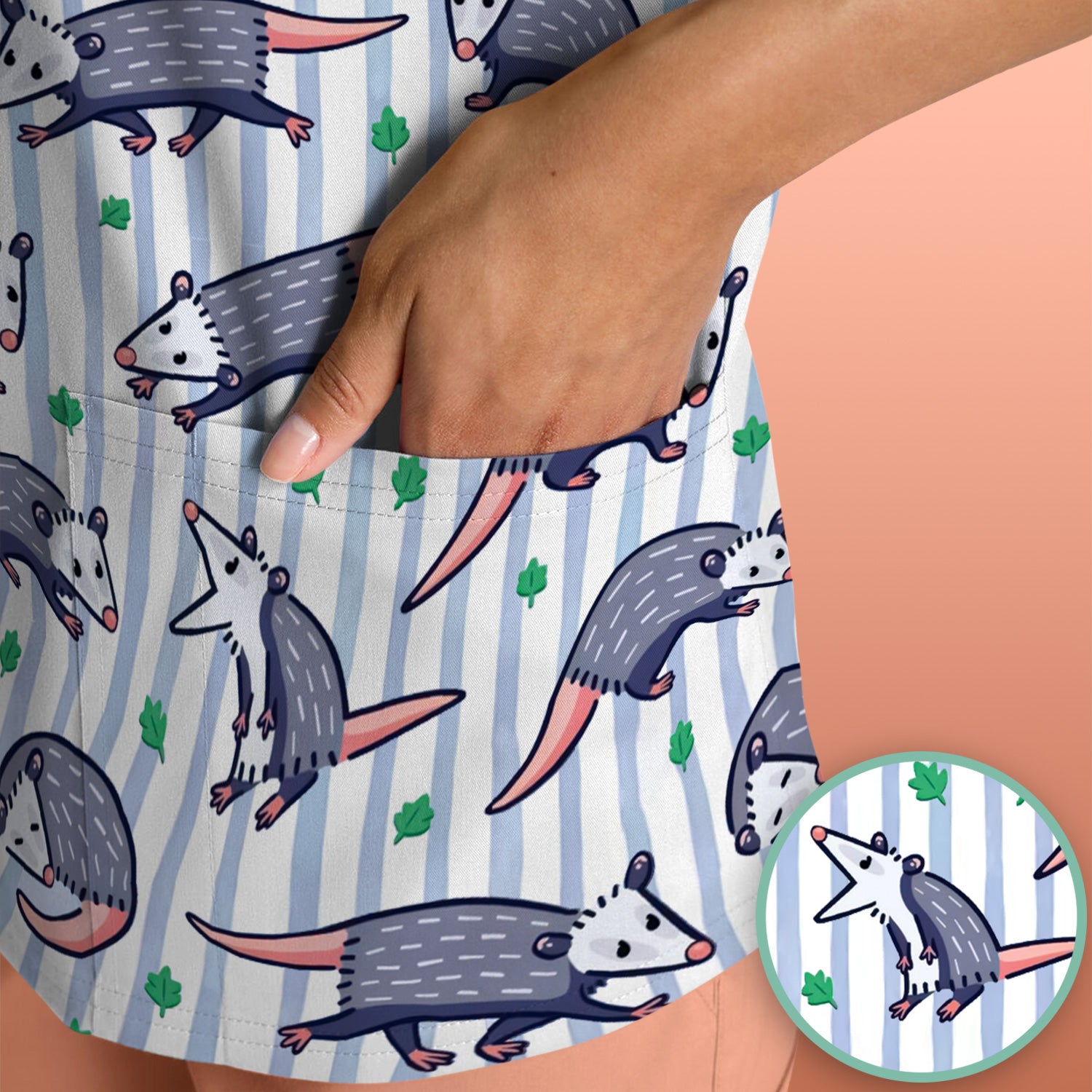 Cute Opossum Blue Stripe Pattern Scrub Top, Breathable Fabrics Nursing Uniform