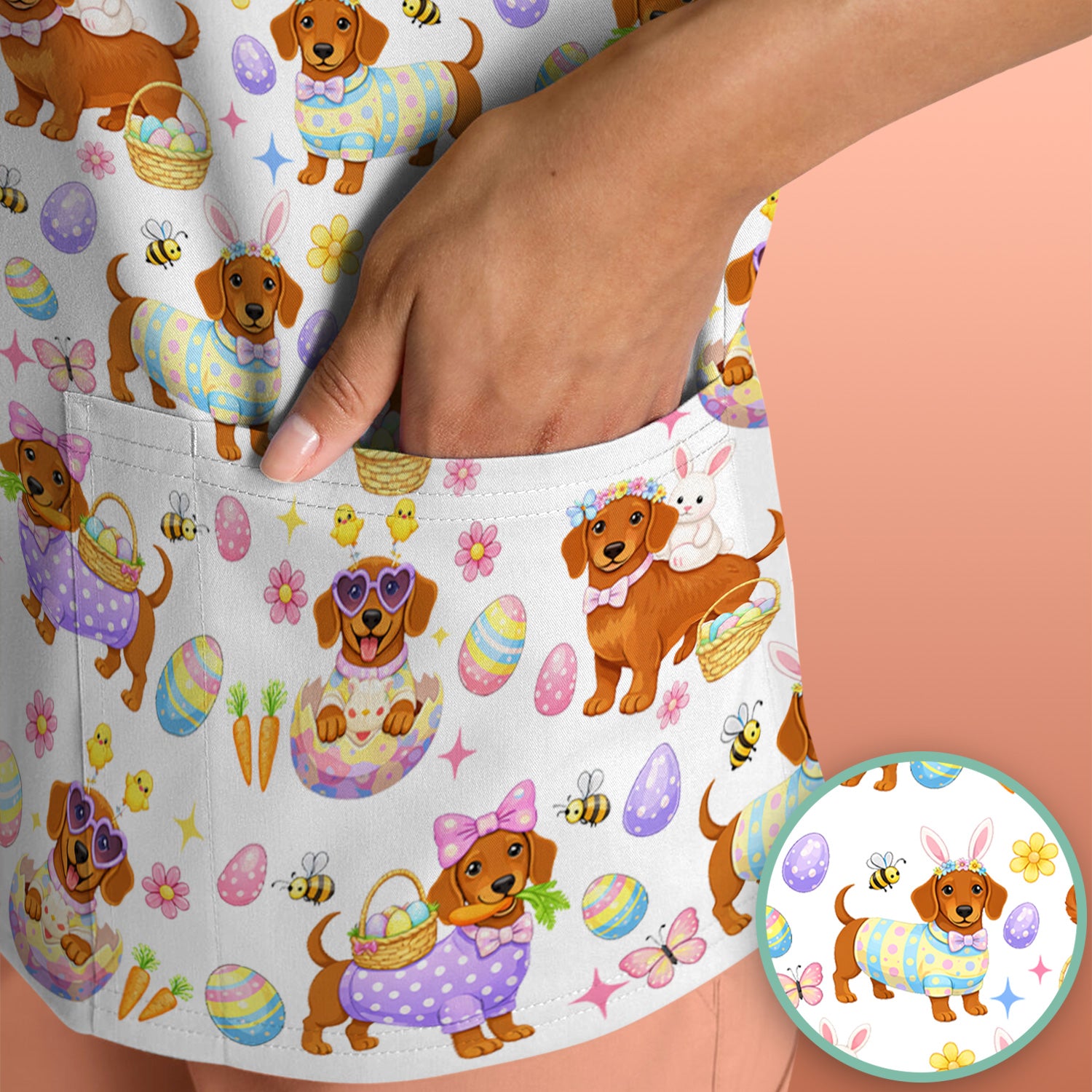 Cute Easter Dachshund Dog Pattern Scrub Top, Breathable Healthcare Uniform Top