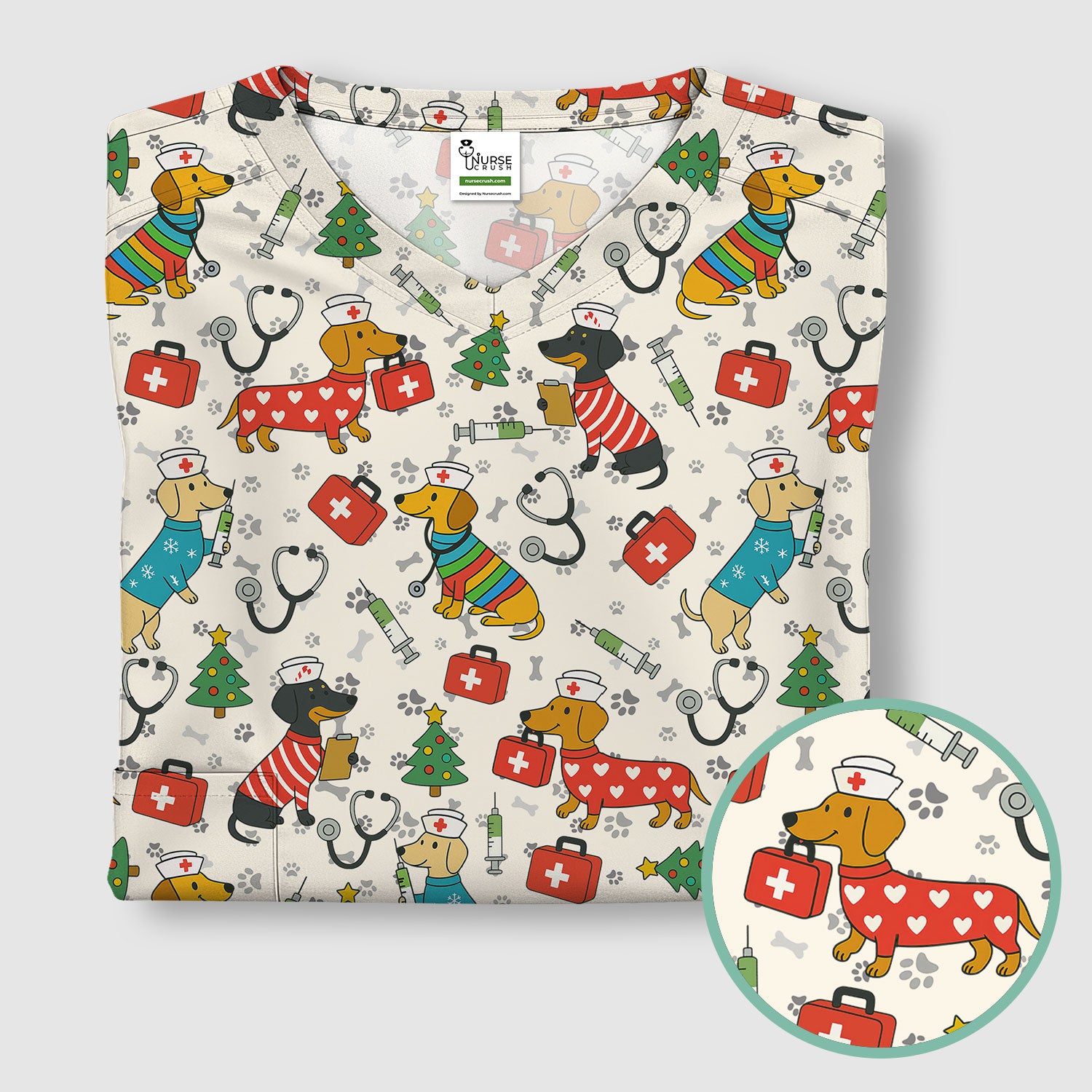 Christmas Dachshund Scrub Top - Funny Dog Nurse Scrubs Multi Color - Holiday Scrub Shirt Gift for Women Men, CNA, RN, Medical Professional