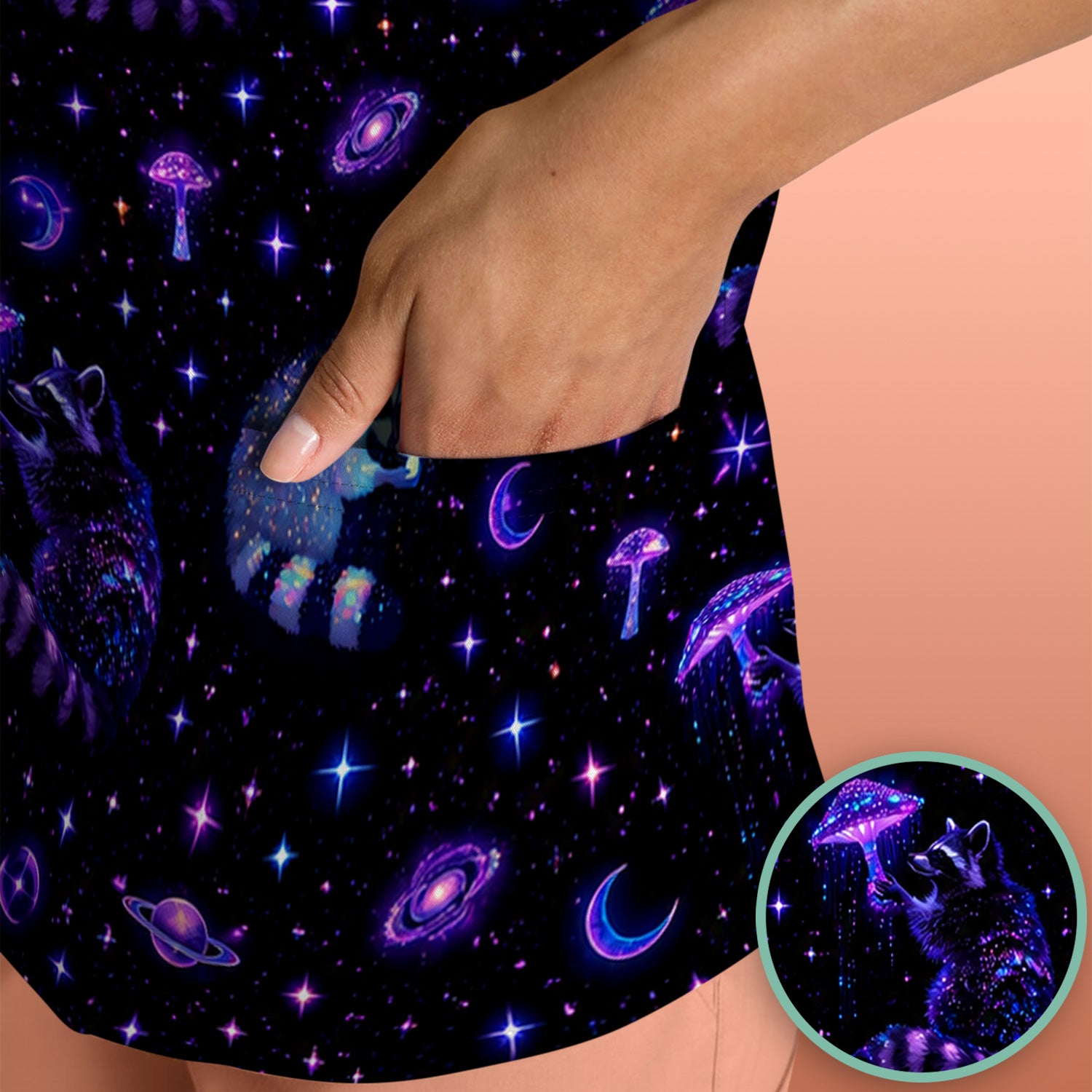 Cute Raccoon Mushroom Galaxy Pattern Scrub Top, Comfortable Scrubs for Nurses