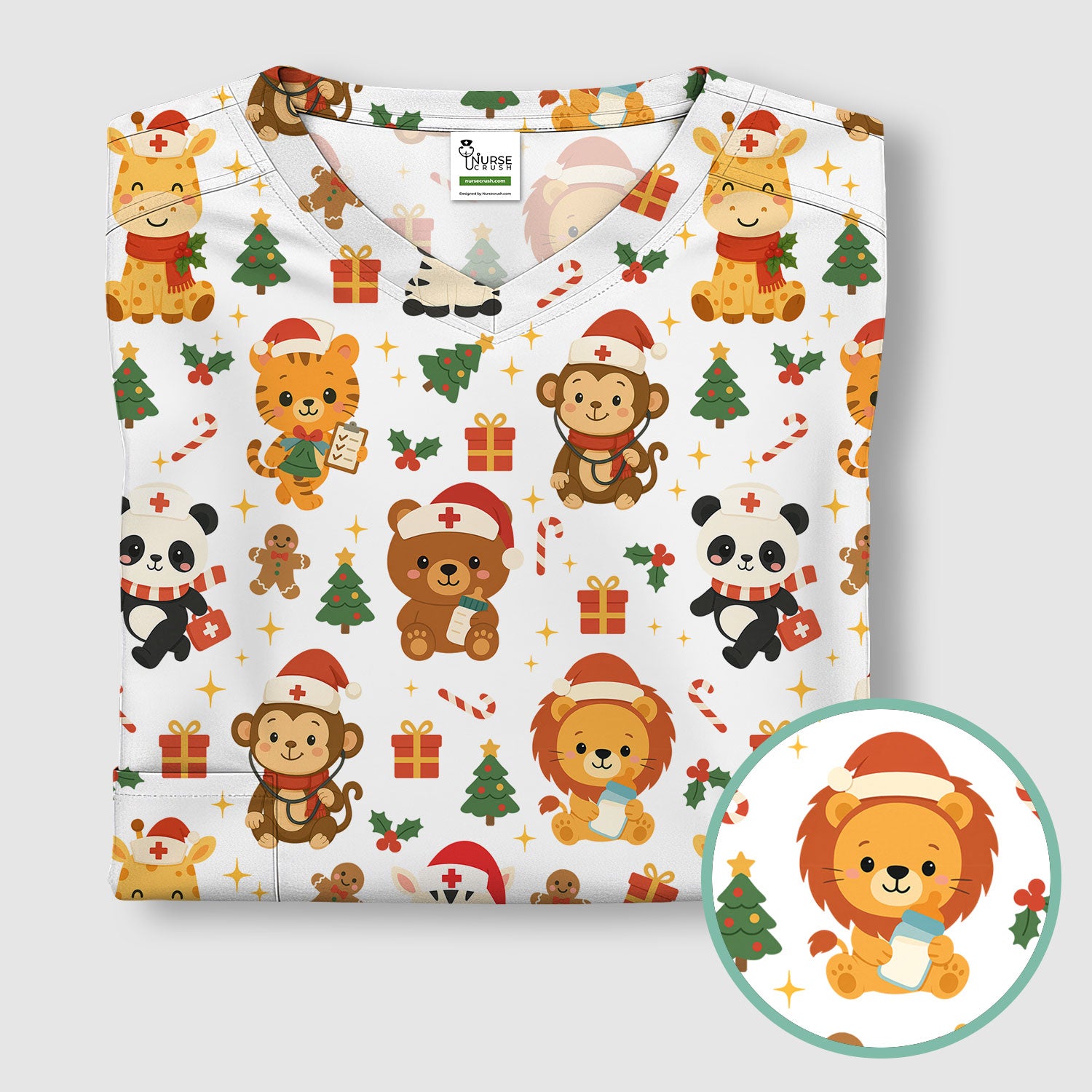 Funny Christmas Nurse Scrub Top - Adorable Safari Animal Pattern - Cute Festive Gift for Women RN LPN CNA