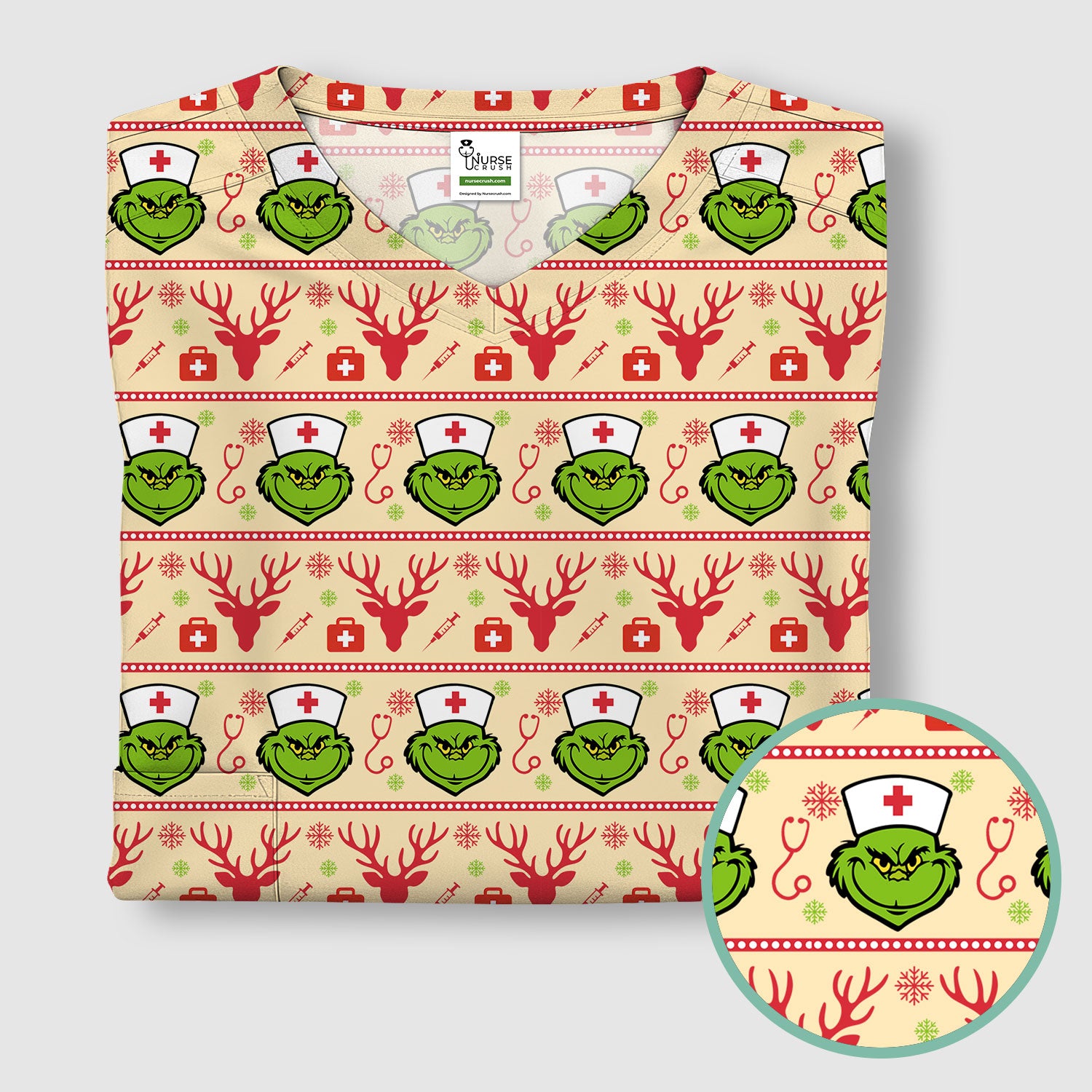 Grinch Nurse Ugly Christmas Scrub Top - Funny Holiday Nursing Scrubs Shirt - Cute Medical Workwear for Women with Festive Pattern