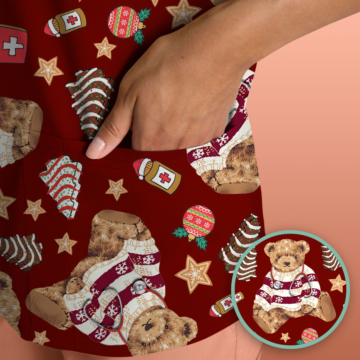 Teddy Bear Christmas Scrub Top - Cute Holiday Medical Pattern with Warm Sweater Bear - Gift for Nurses RN CNA LPN