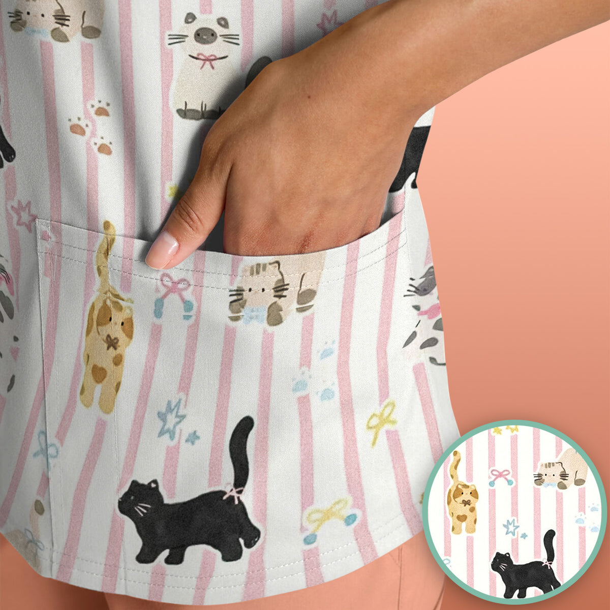 Cute Playful Cat Stripe Ribbon Pattern Scrub Top, Breathable Fabrics Nursing Uniform