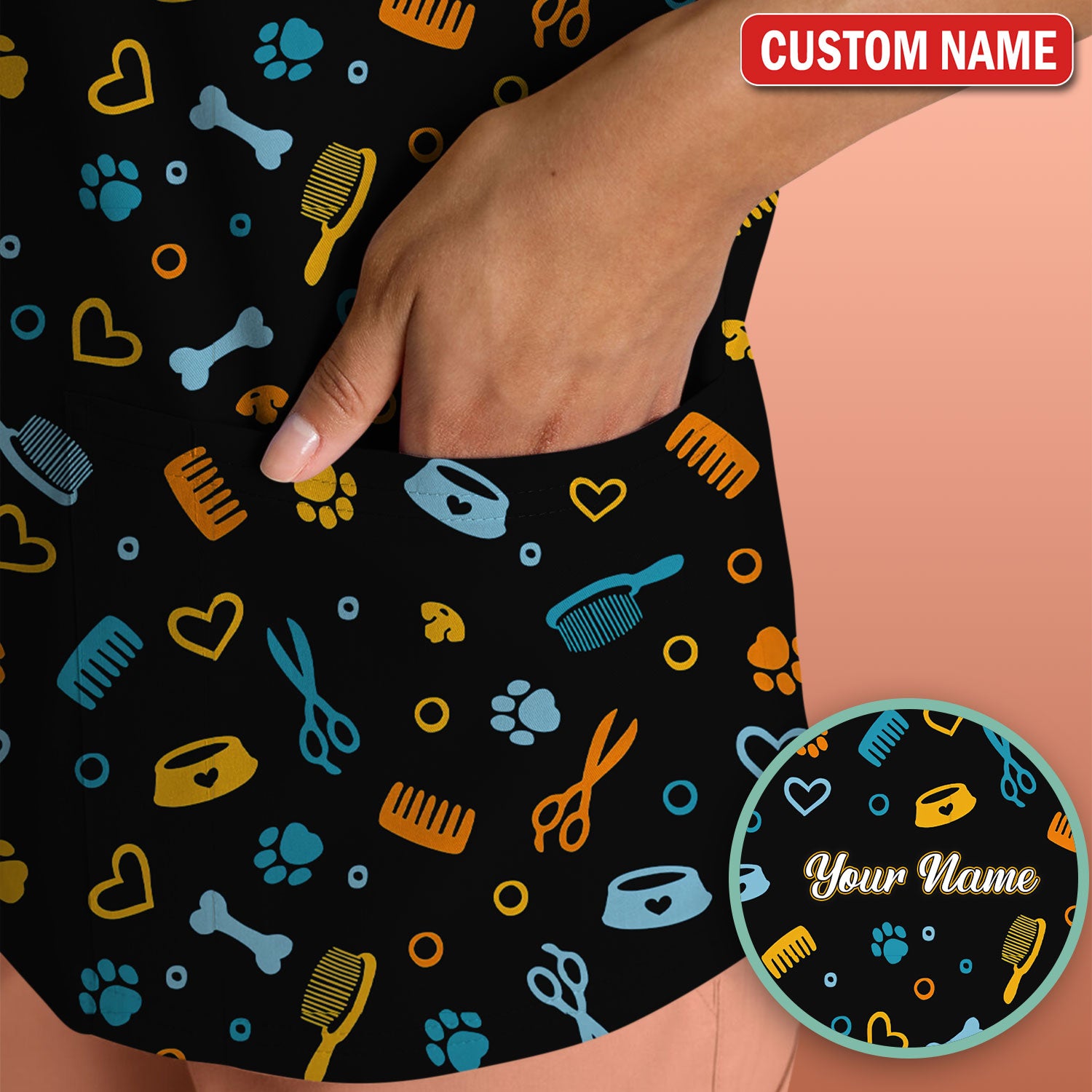 Custom Name Dog Cat Grooming Pattern Scrub Top, Breathable Fabrics Nursing Uniform