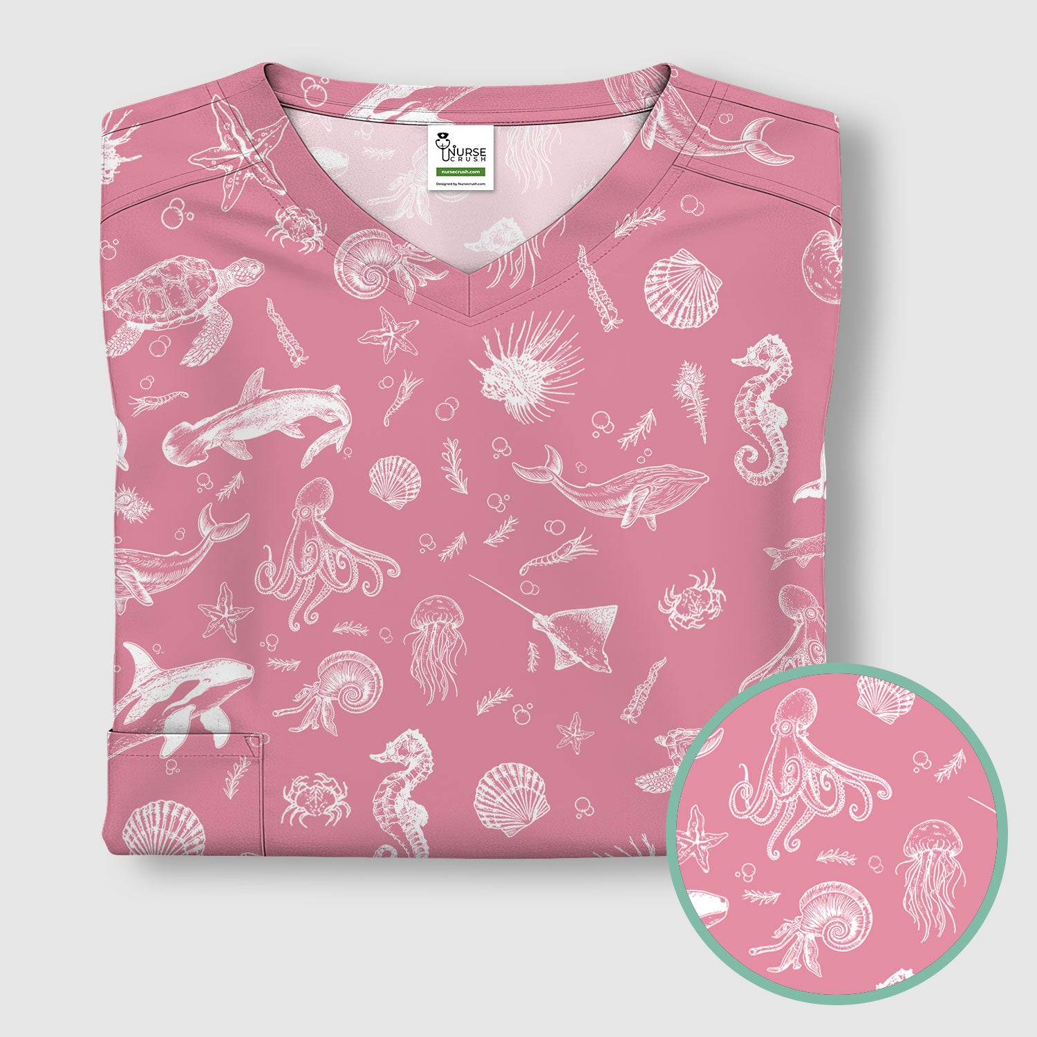 Marine Sea Life Pattern Scrub Top, Breathable Fabrics Nursing Uniform