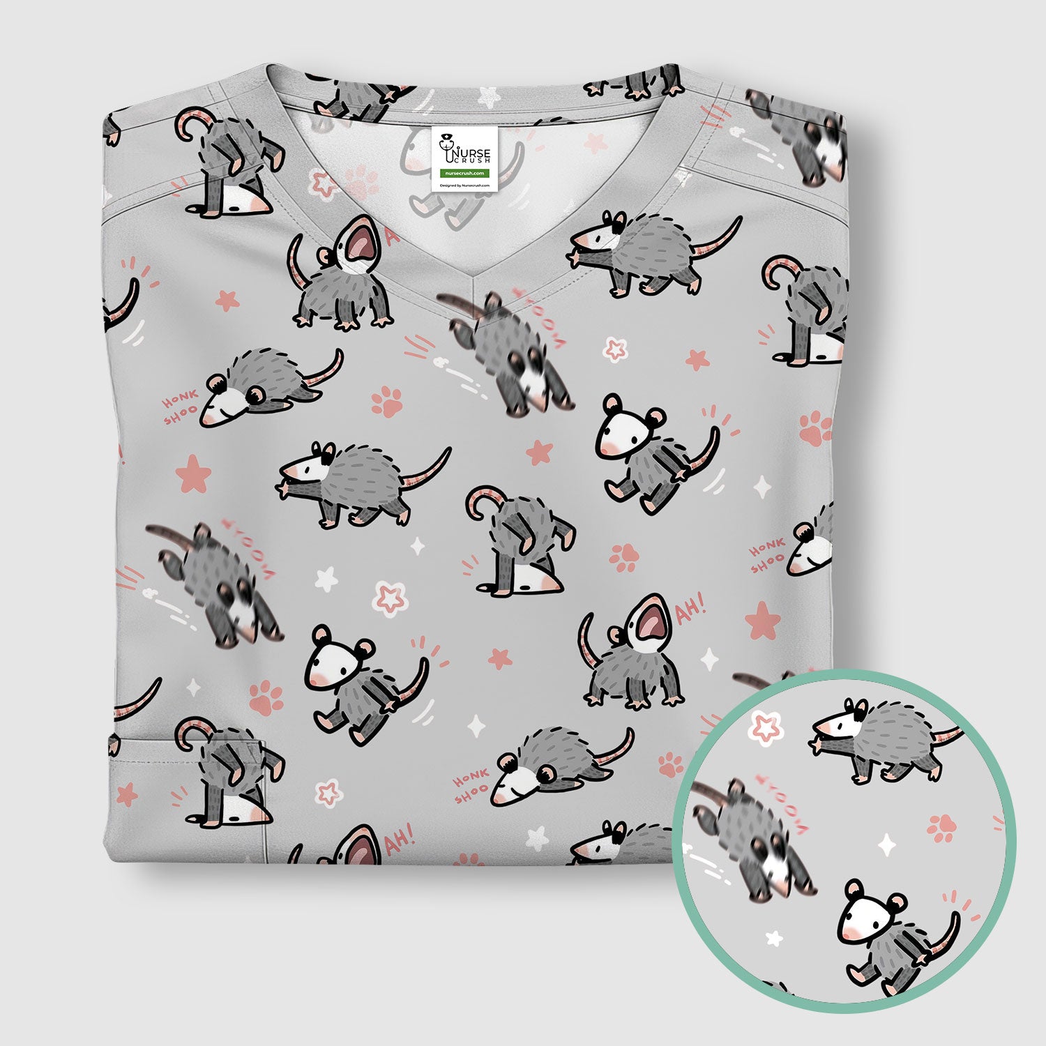 Playful Cartoon Opossum Character Pattern Scrub Top, Breathable Fabrics Nursing Uniform