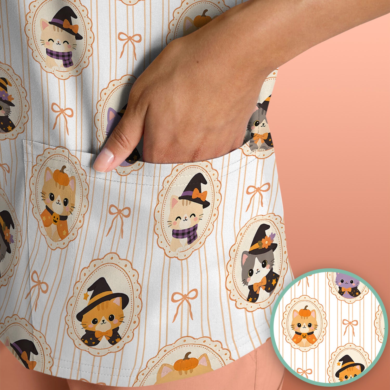 Cute Halloween Cat Stripe Pattern Scrub Top, Comfortable Scrubs for Nurses